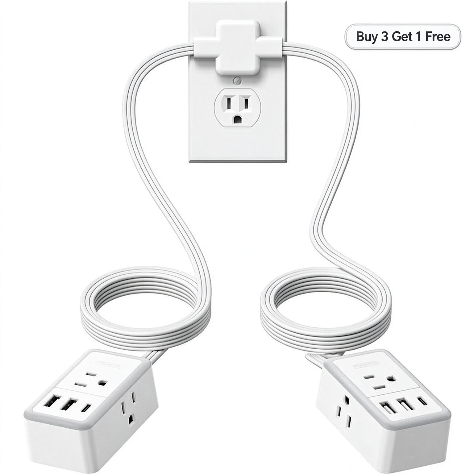 Twin Extension Cord Splitter 12 FT, with 6ft Dual Extension Cord on Each Side 3 Widely Outlets, Double Extension Cord for Home Office Dorm Room