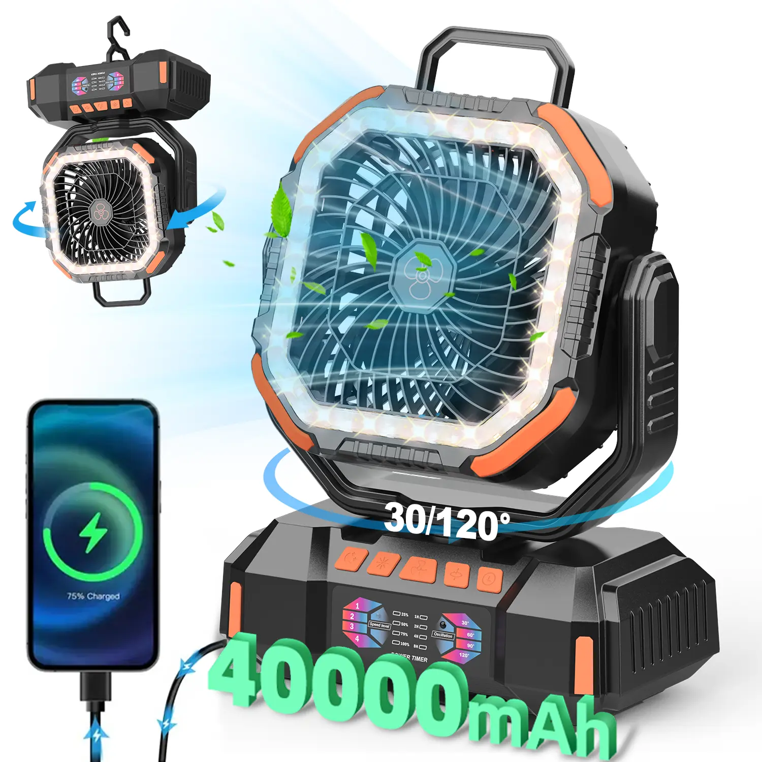 20000mAh Portable Camping Fan with Remote & LED Light