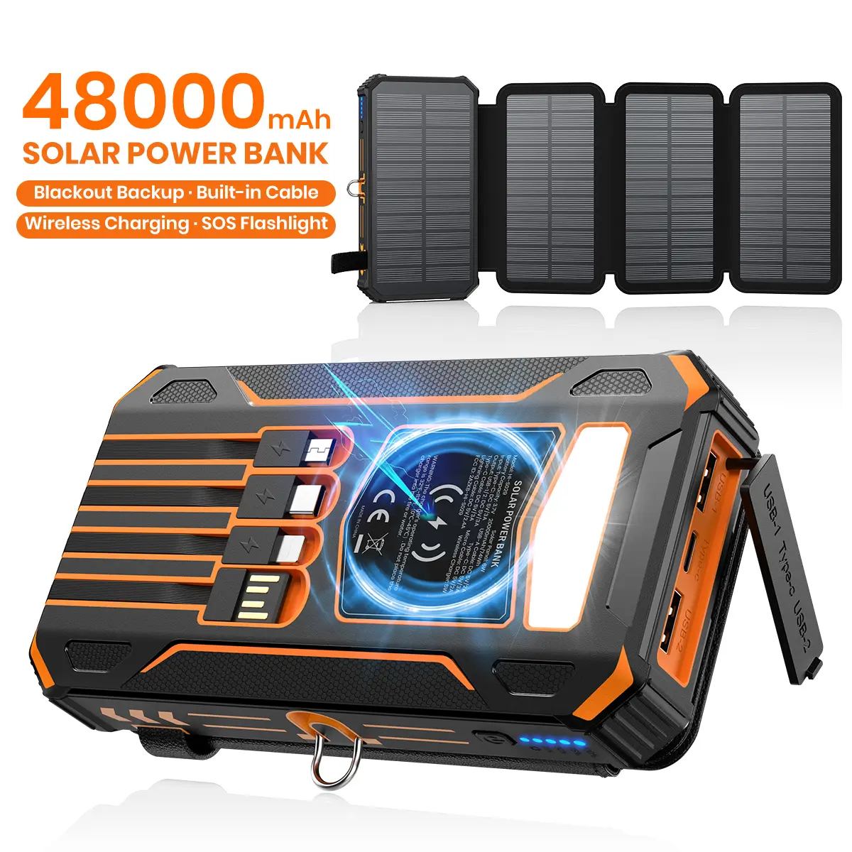 48000mAh Solar Power Bank, Wireless Charger with 7 Outputs