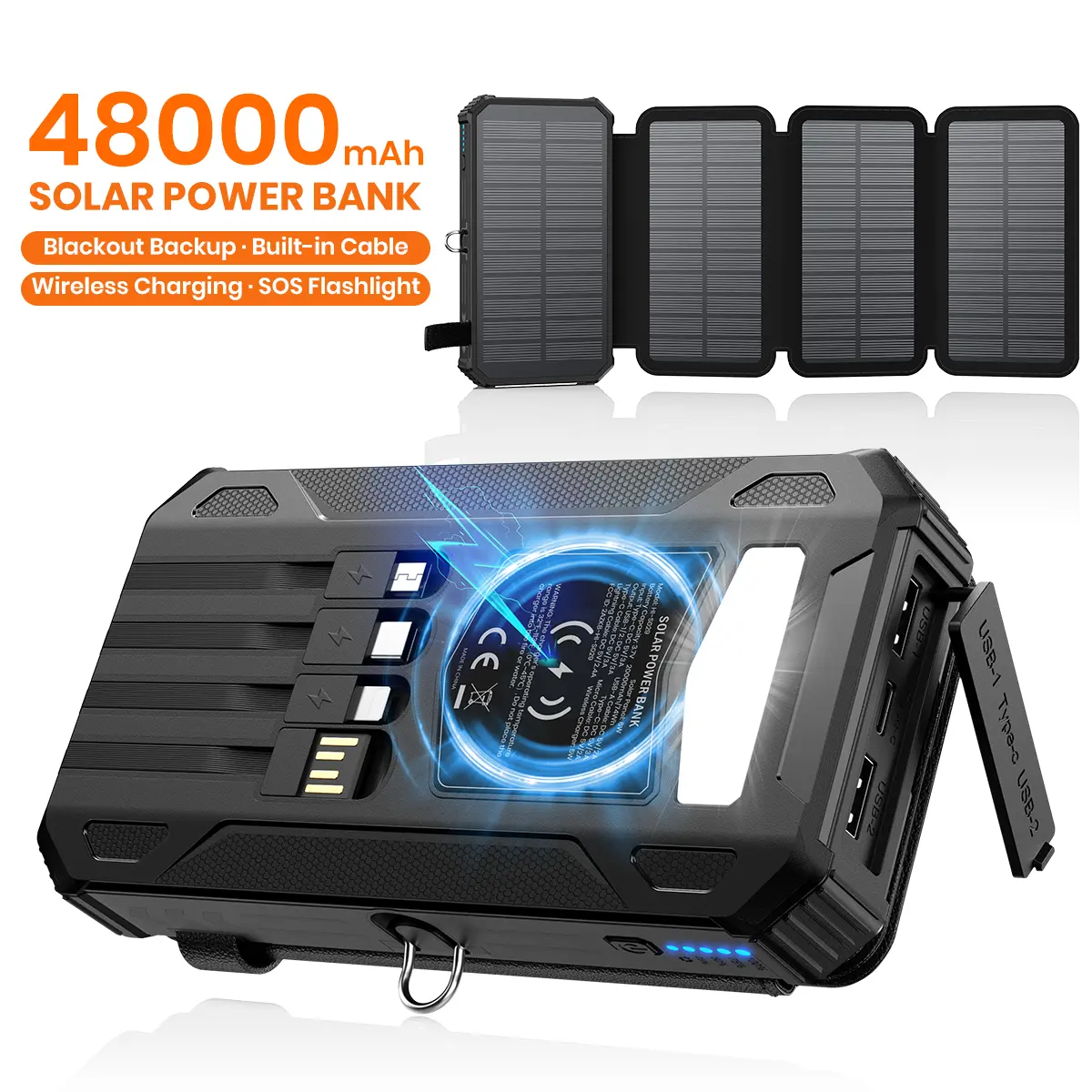 48000mAh Solar Power Bank, Wireless Charger with 7 Outputs