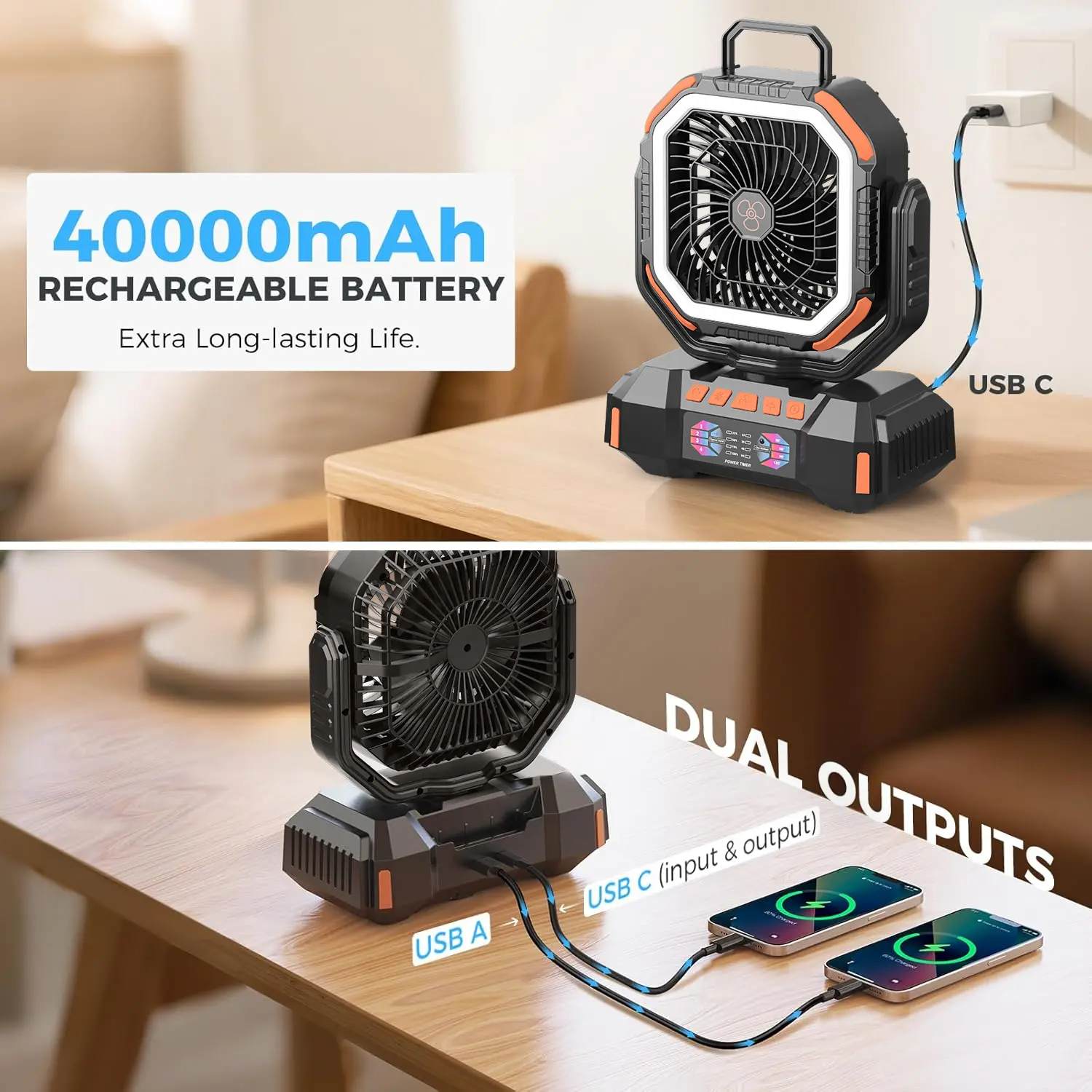 20000mAh Portable Camping Fan with Remote & LED Light