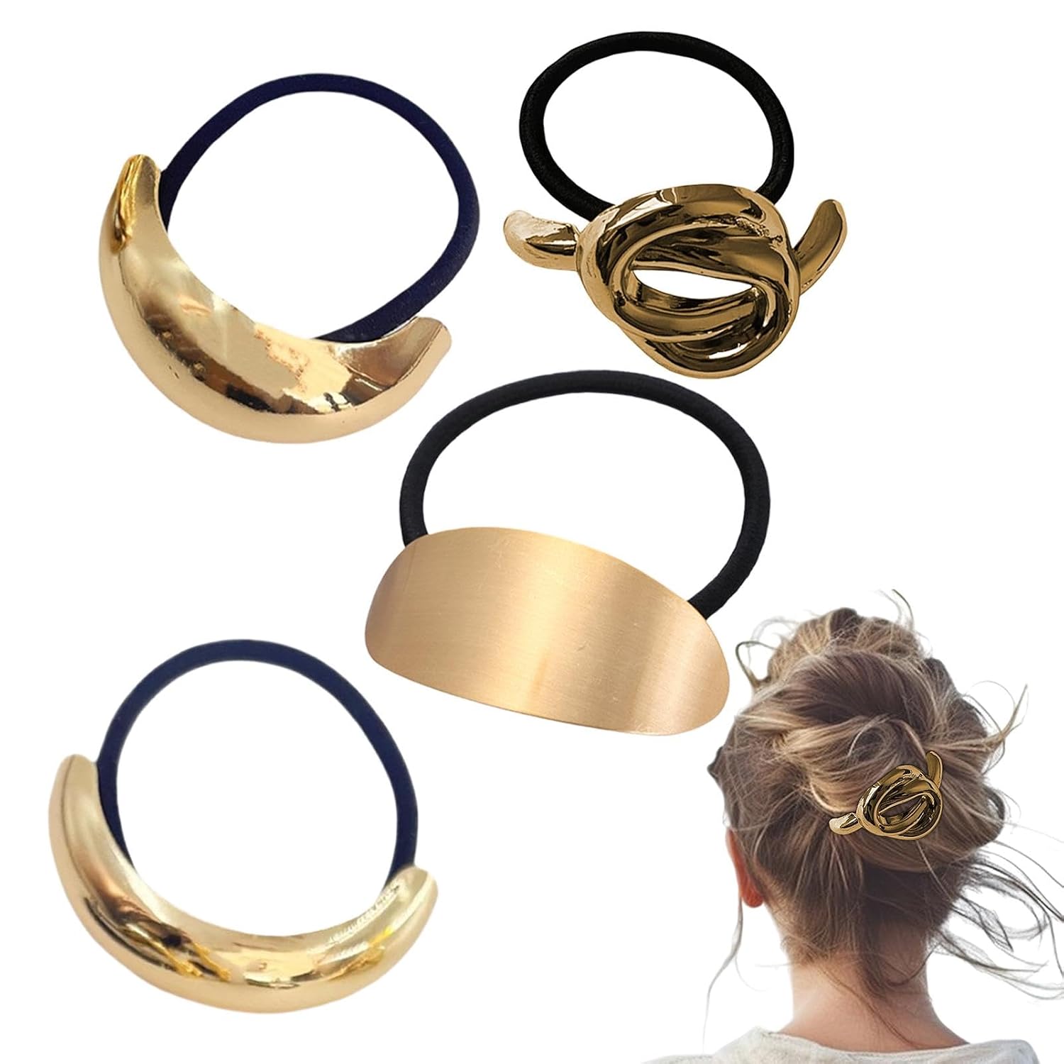 Metal Hair Ties - 4PC Gold Ponytail Cuff | Metal Geometric Elastic Hair Ties | Fashion Gold Hair Cuff Wrap | Hair Bands Ponytail Holders Ponytail Hair Cuff for Women Gold Hair Accessories