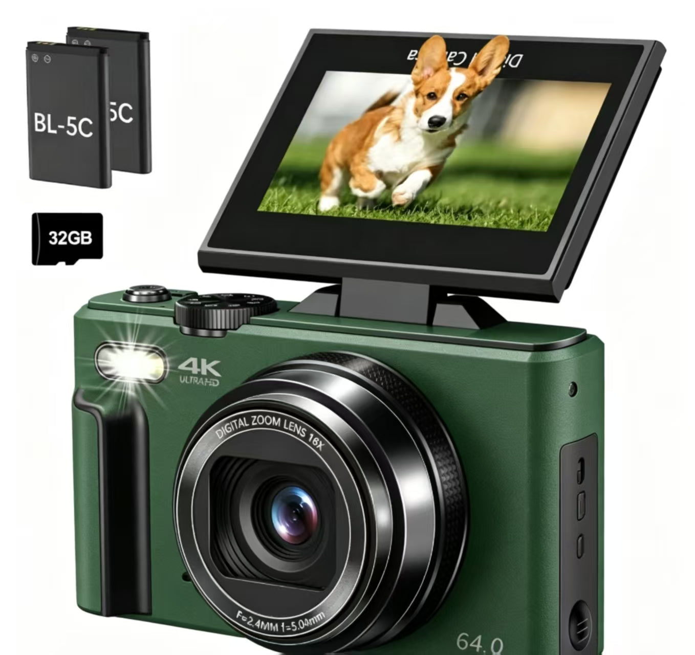 4K Digital Camera, 64MP Vlogging Camera with 180° Flip Screen, 18X Digital Zoom, Compact Point and Shoot Camera, Portable Mini Camera for Teens, Beginners, Gift, 4 Colors Black/White/Green/Brown