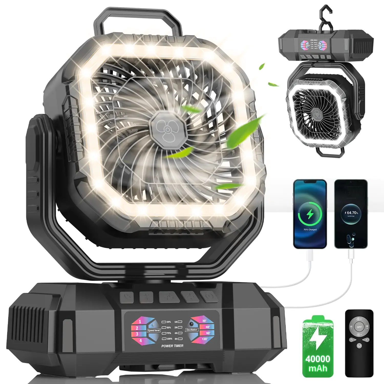 20000mAh Portable Camping Fan with Remote & LED Light