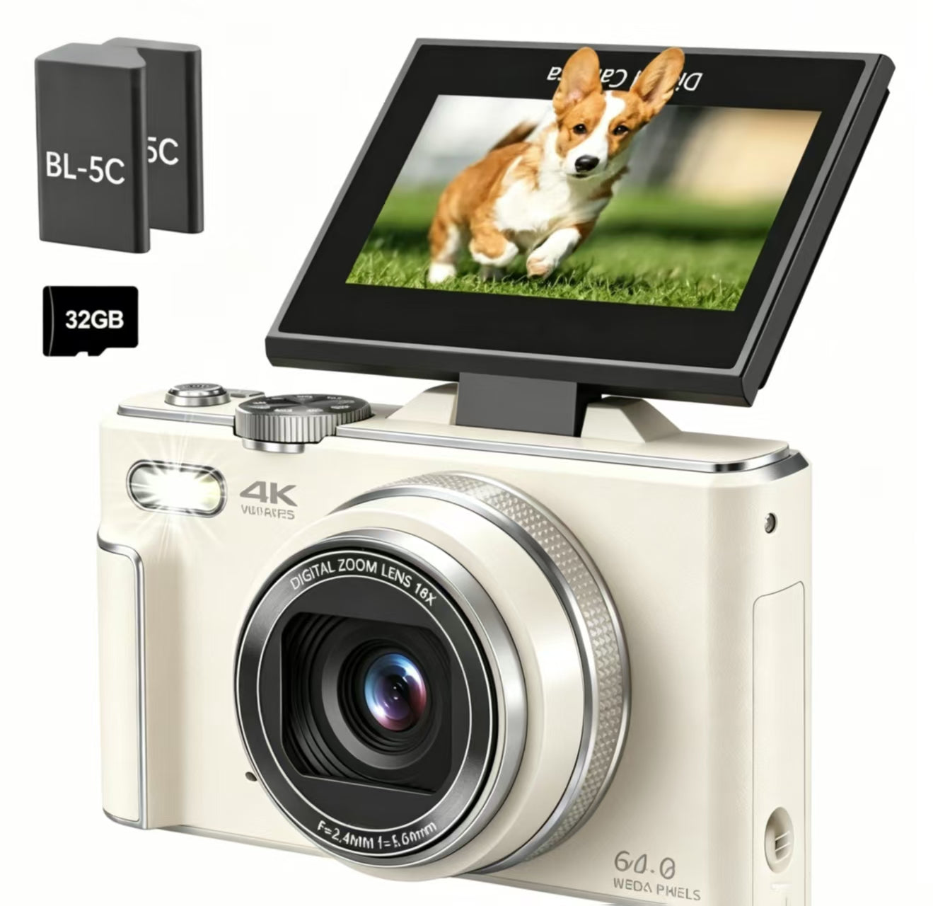 4K Digital Camera, 64MP Vlogging Camera with 180° Flip Screen, 18X Digital Zoom, Compact Point and Shoot Camera, Portable Mini Camera for Teens, Beginners, Gift, 4 Colors Black/White/Green/Brown