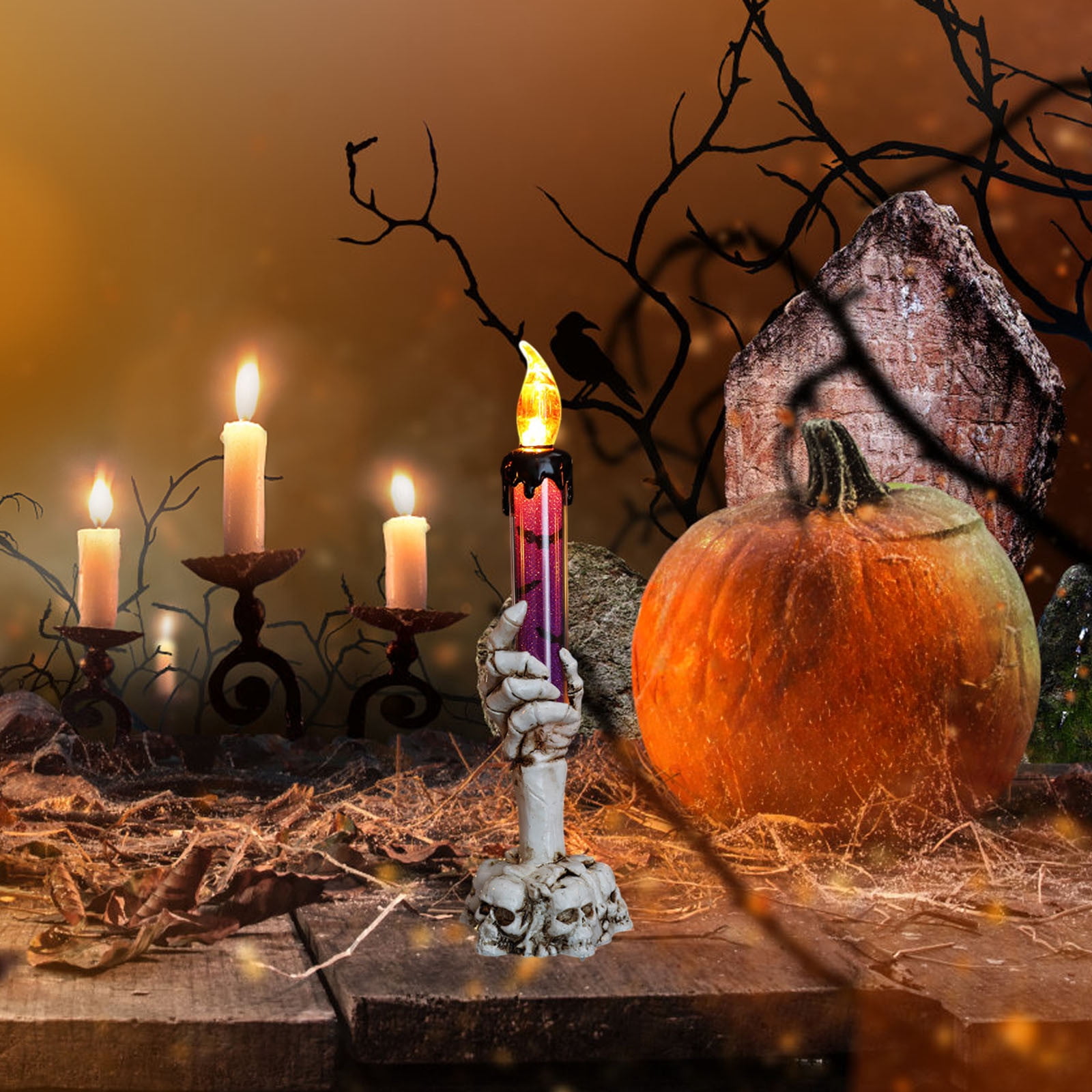 Twfbrm Halloween Candle Light, Halloween Decorations Flameless Taper Candle with Skeleton Hand Holder, Battery Operated LED Flickering Candles Dripping Wax Effect Pillar Candles for Party Wedding