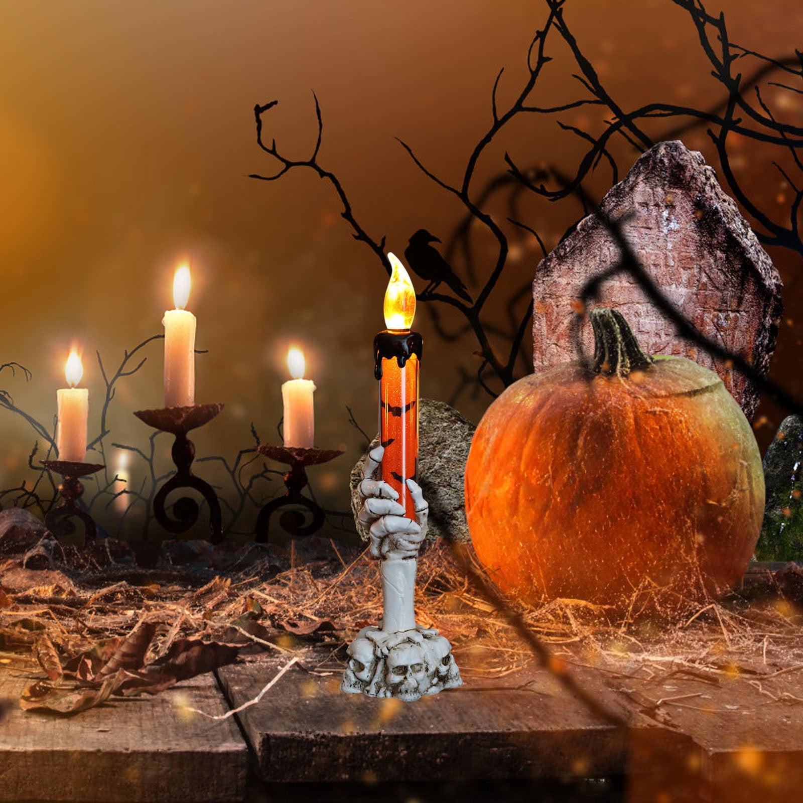 Twfbrm Halloween Candle Light, Halloween Decorations Flameless Taper Candle with Skeleton Hand Holder, Battery Operated LED Flickering Candles Dripping Wax Effect Pillar Candles for Party Wedding