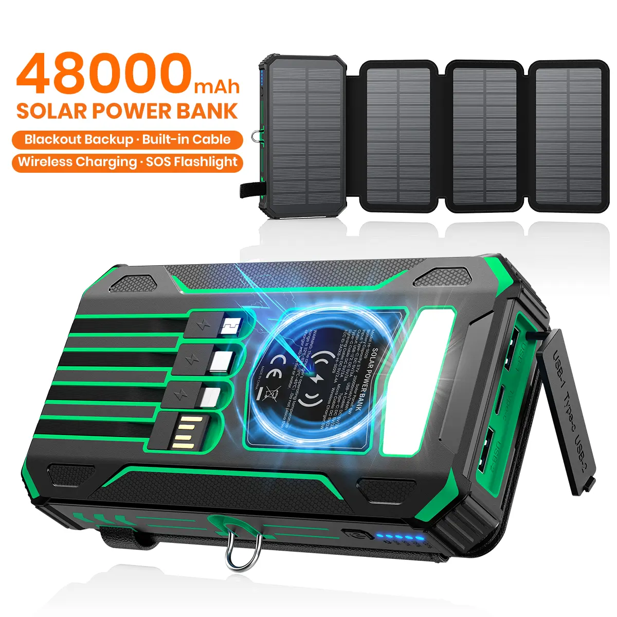 48000mAh Solar Power Bank, Wireless Charger with 7 Outputs