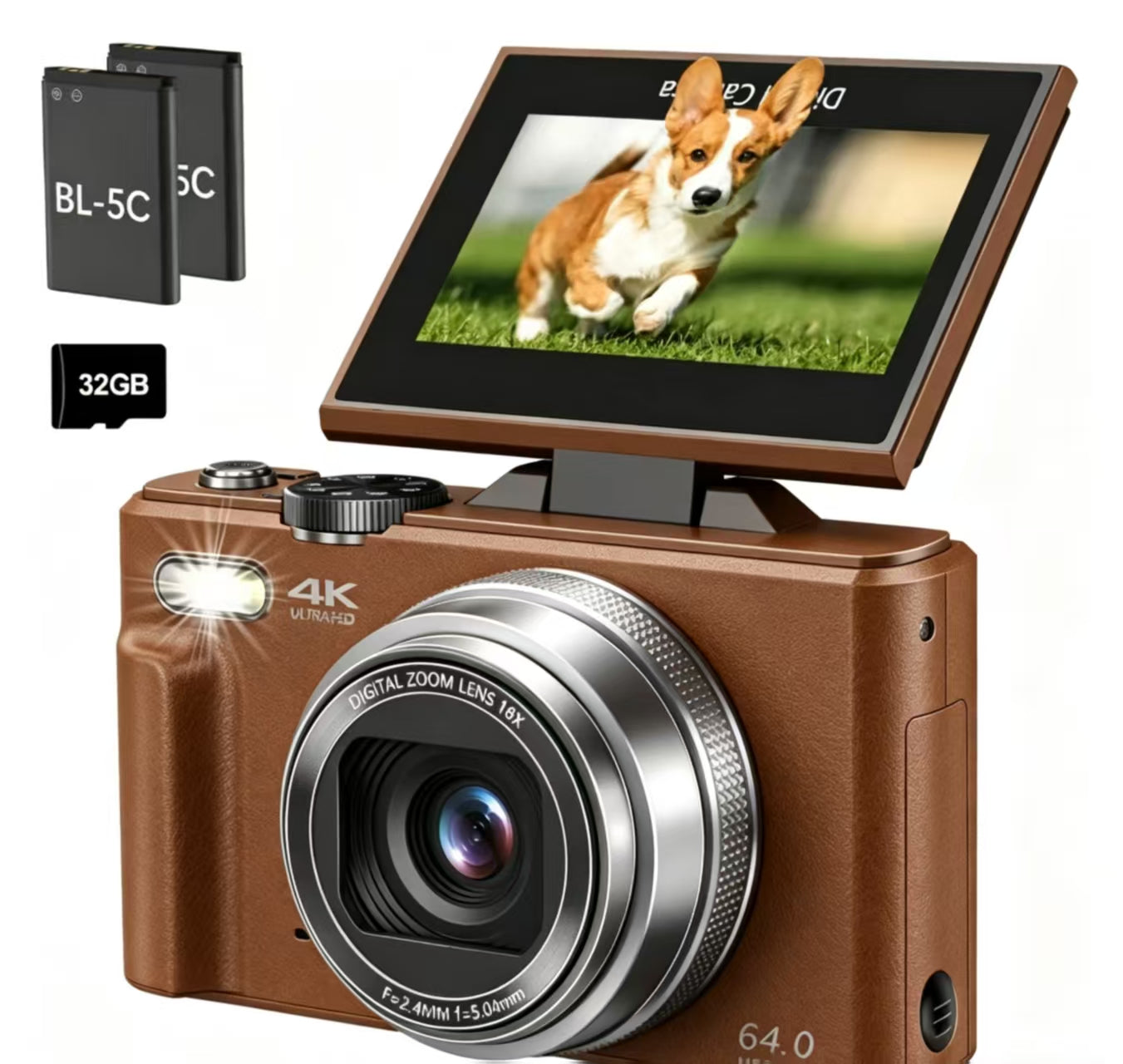 4K Digital Camera, 64MP Vlogging Camera with 180° Flip Screen, 18X Digital Zoom, Compact Point and Shoot Camera, Portable Mini Camera for Teens, Beginners, Gift, 4 Colors Black/White/Green/Brown