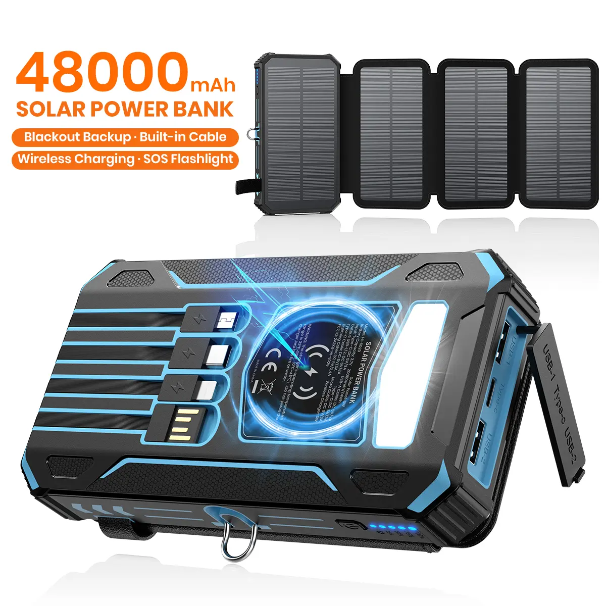 48000mAh Solar Power Bank, Wireless Charger with 7 Outputs