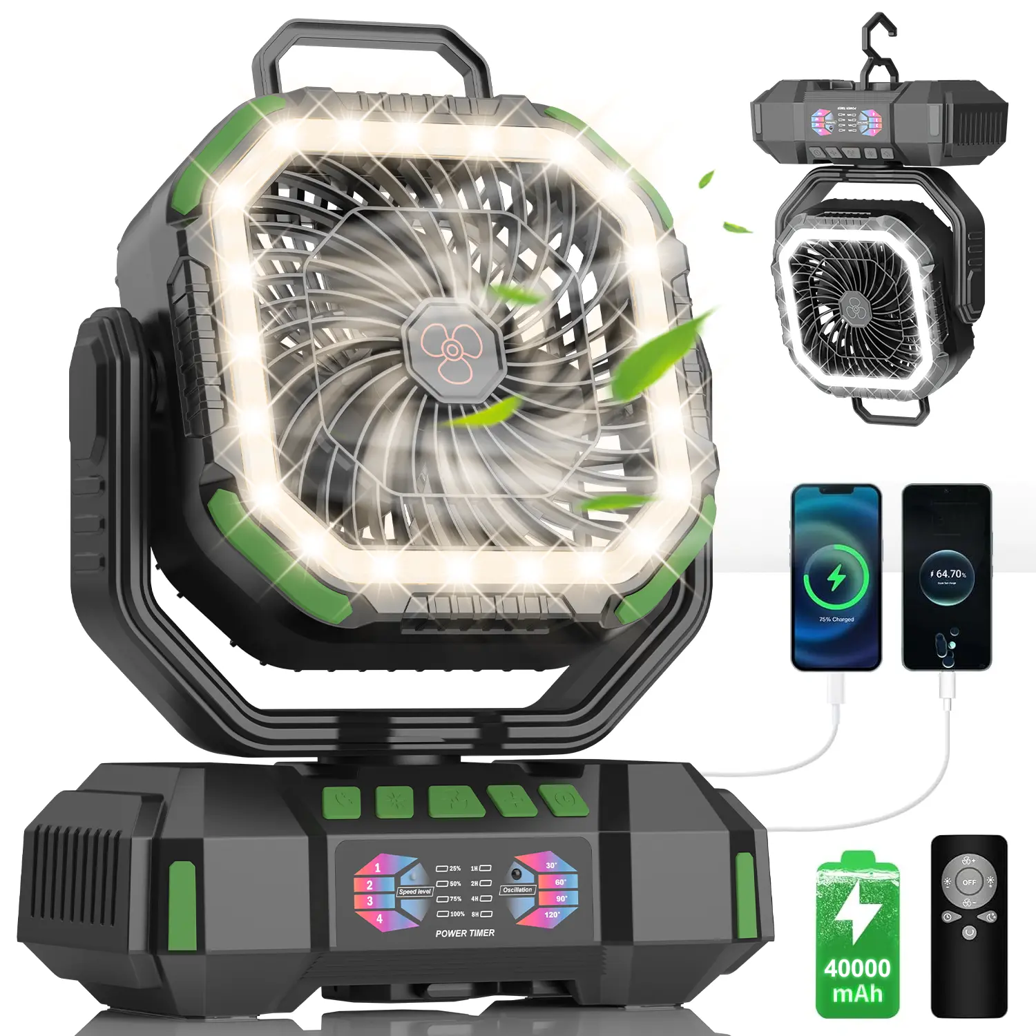 20000mAh Portable Camping Fan with Remote & LED Light