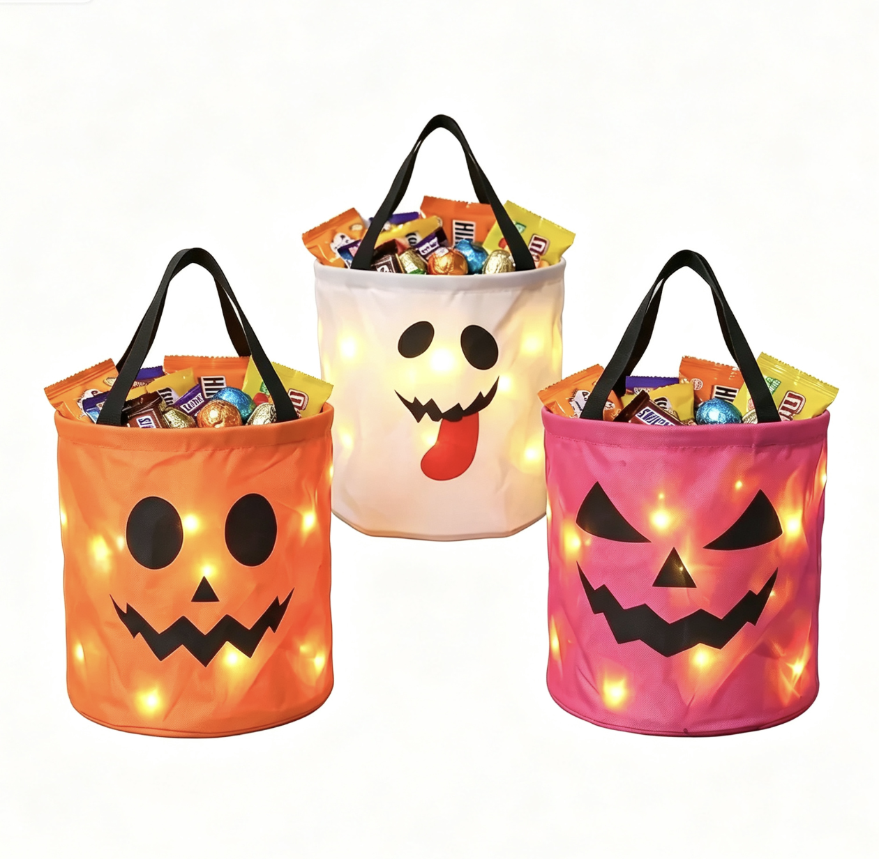 Halloween Candy Buckets with LED Lights - 3/4 Set for Trick or Treat