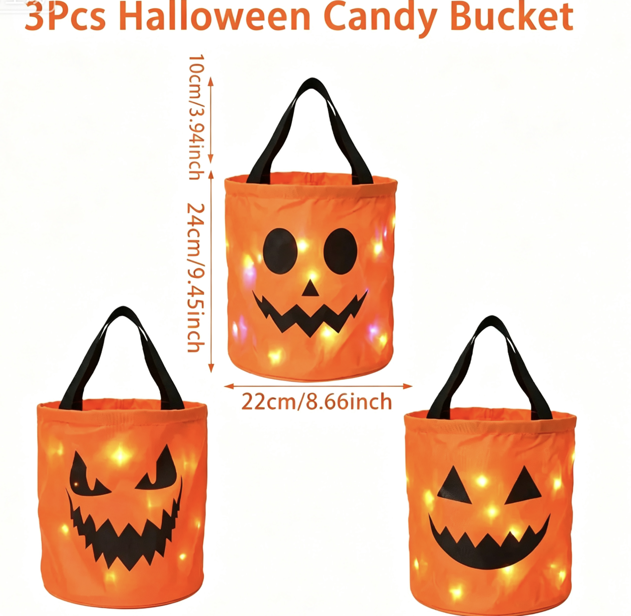 Halloween Candy Buckets with LED Lights - 3/4 Set for Trick or Treat