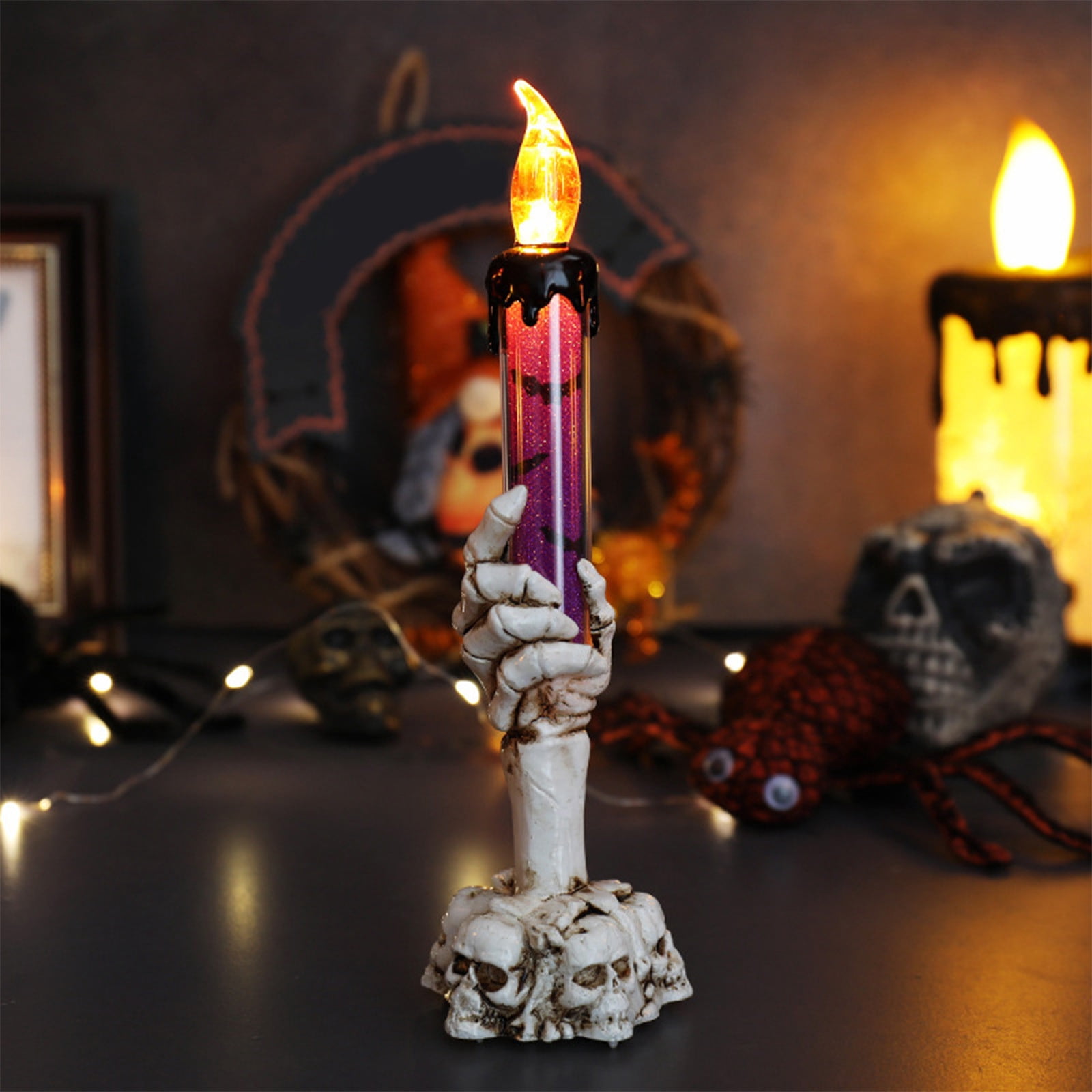 Twfbrm Halloween Candle Light, Halloween Decorations Flameless Taper Candle with Skeleton Hand Holder, Battery Operated LED Flickering Candles Dripping Wax Effect Pillar Candles for Party Wedding