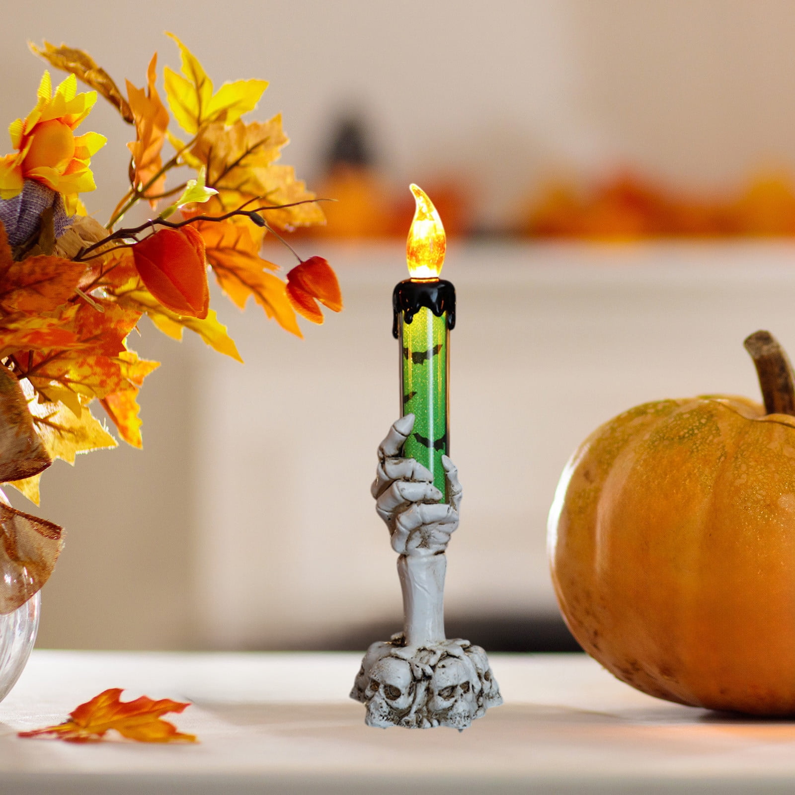 Twfbrm Halloween Candle Light, Halloween Decorations Flameless Taper Candle with Skeleton Hand Holder, Battery Operated LED Flickering Candles Dripping Wax Effect Pillar Candles for Party Wedding