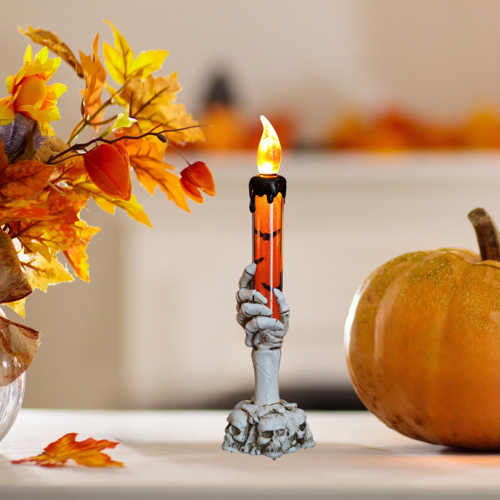 Twfbrm Halloween Candle Light, Halloween Decorations Flameless Taper Candle with Skeleton Hand Holder, Battery Operated LED Flickering Candles Dripping Wax Effect Pillar Candles for Party Wedding