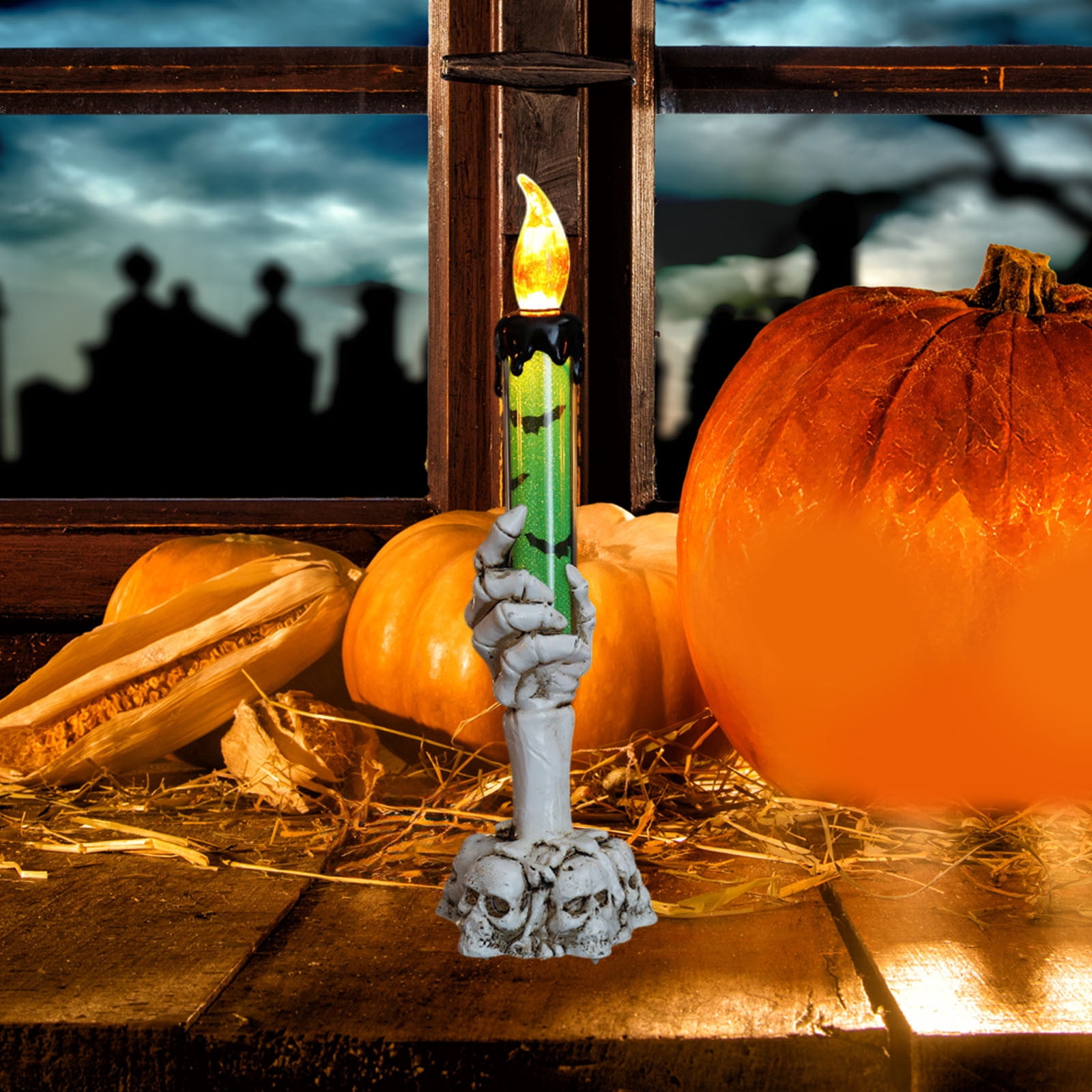 Twfbrm Halloween Candle Light, Halloween Decorations Flameless Taper Candle with Skeleton Hand Holder, Battery Operated LED Flickering Candles Dripping Wax Effect Pillar Candles for Party Wedding