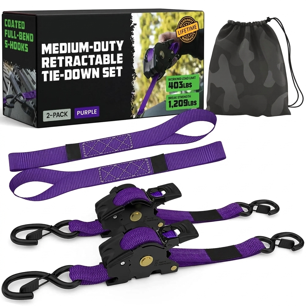 1" x 10' Retractable Ratchet Straps - Medium Duty