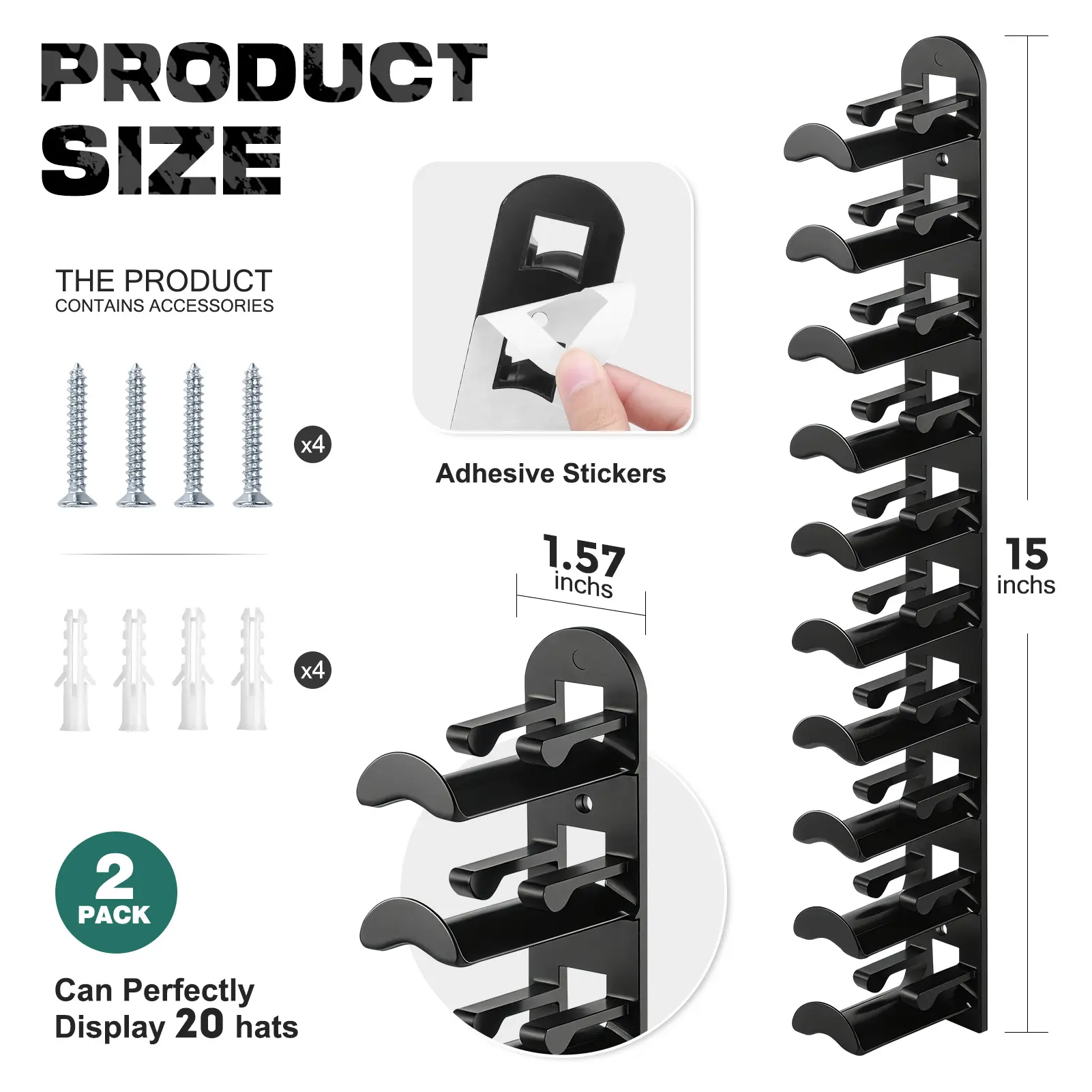 Hat Hook Organizer for Wall - 2 Pack, Holds 20 Hats