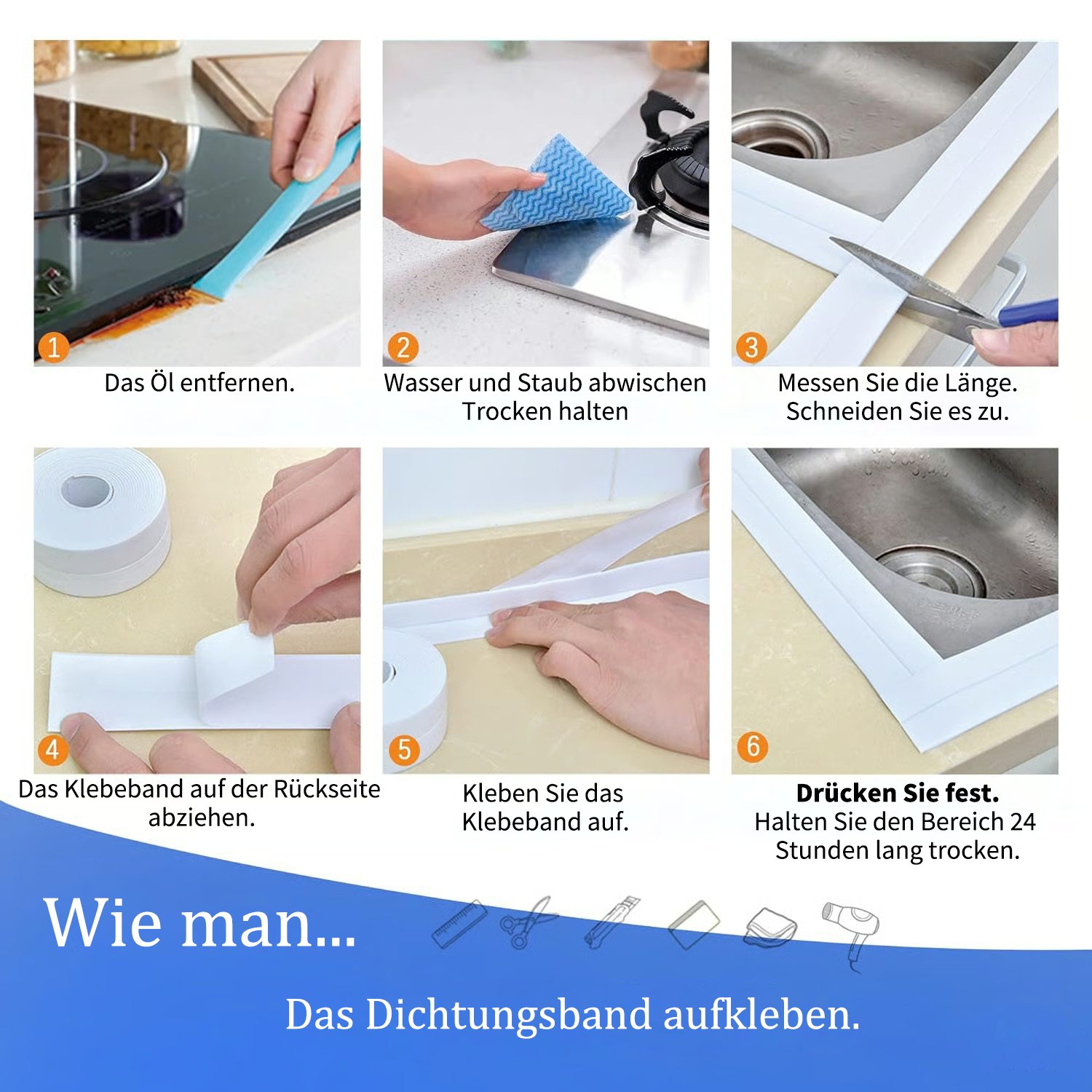 Weißes wasserdichtes, selbstklebendes Dichtband – 3,2 m/1,5IN langlebige Abdichtung für Badezimmer- und Küchenkanten