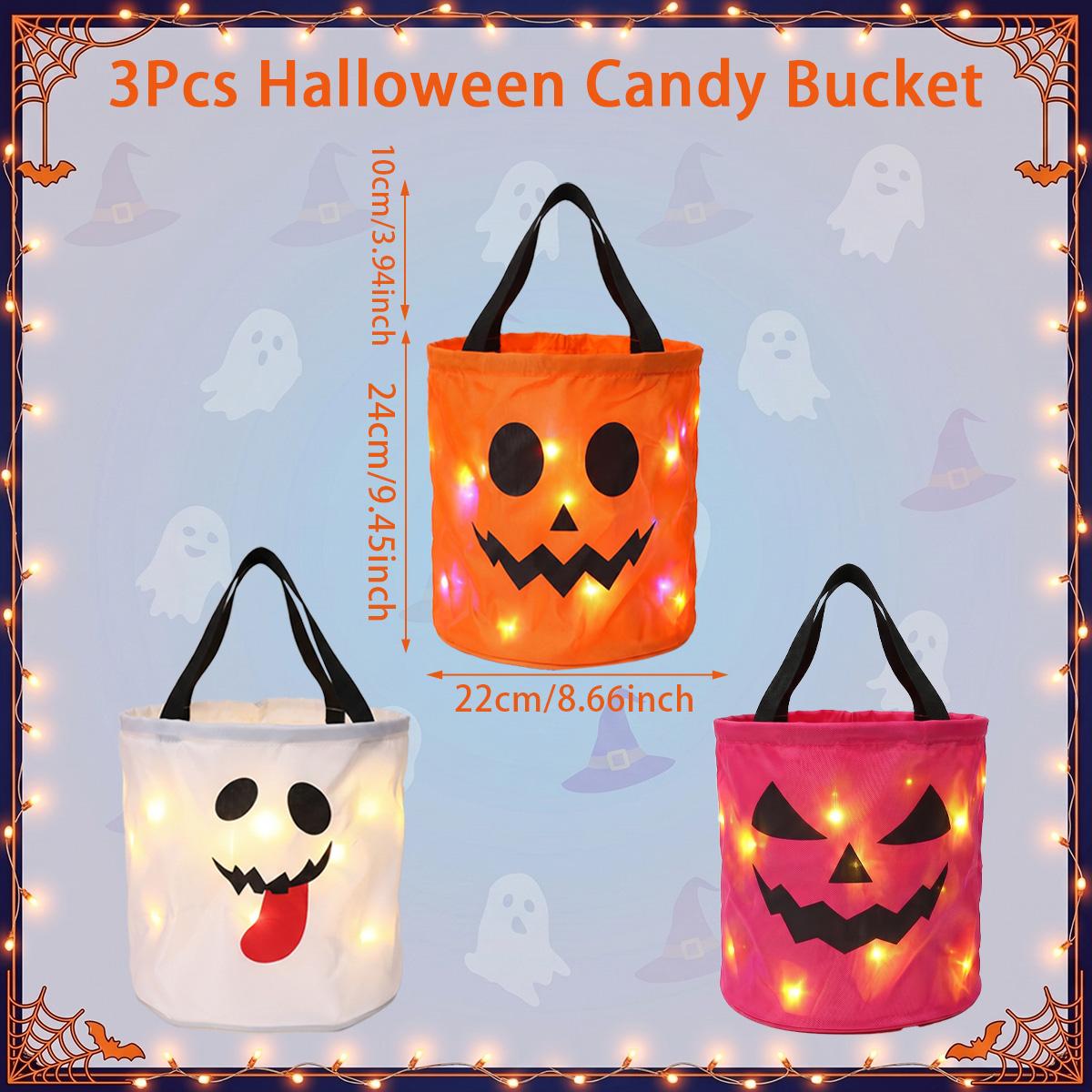 3/4 Pcs Halloween Candy Bucket with LED Lights Non Woven Gift Bags Trick or Treat Bags Pumpkin Candy Bags Reusable Tote Bags for  Kids Students Adults, Night Light Bags for Home Garden Lawn Decorations, Halloween Birthday Christmas Party Favor Supplies