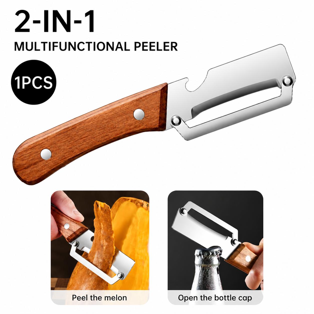 2 PCS Wood Handle Multifunction Kitchen Peeler – Peel, Slice, Scrape & Bottle Opener Tool