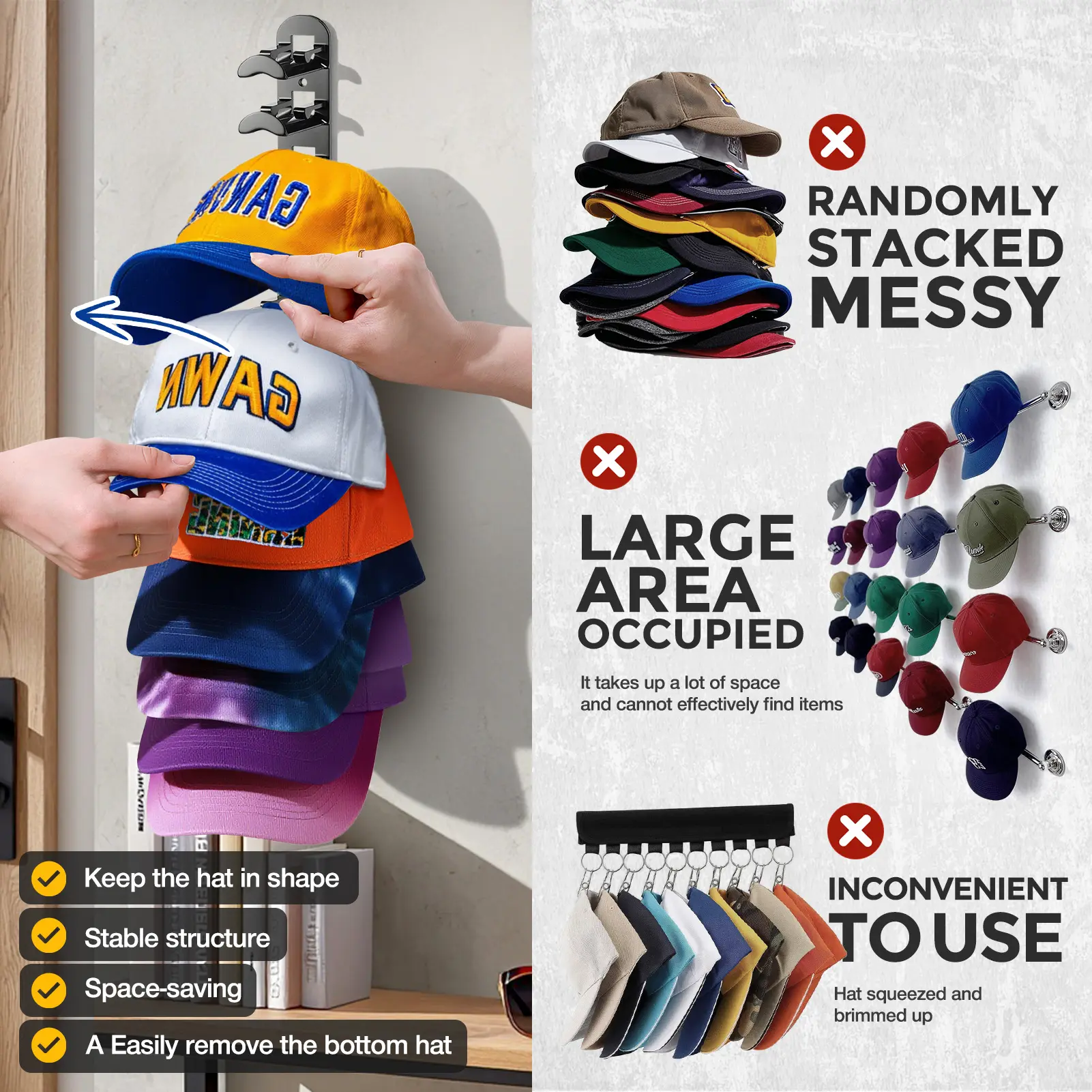 Hat Hook Organizer for Wall - 2 Pack, Holds 20 Hats