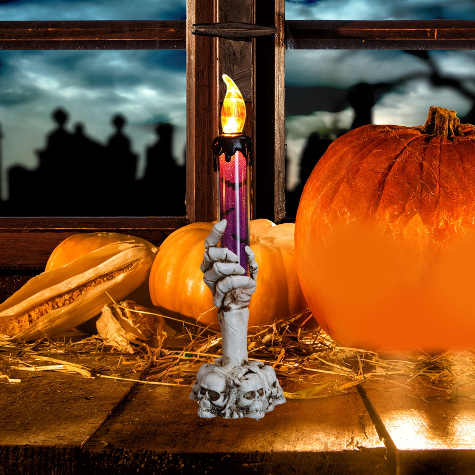Twfbrm Halloween Candle Light, Halloween Decorations Flameless Taper Candle with Skeleton Hand Holder, Battery Operated LED Flickering Candles Dripping Wax Effect Pillar Candles for Party Wedding
