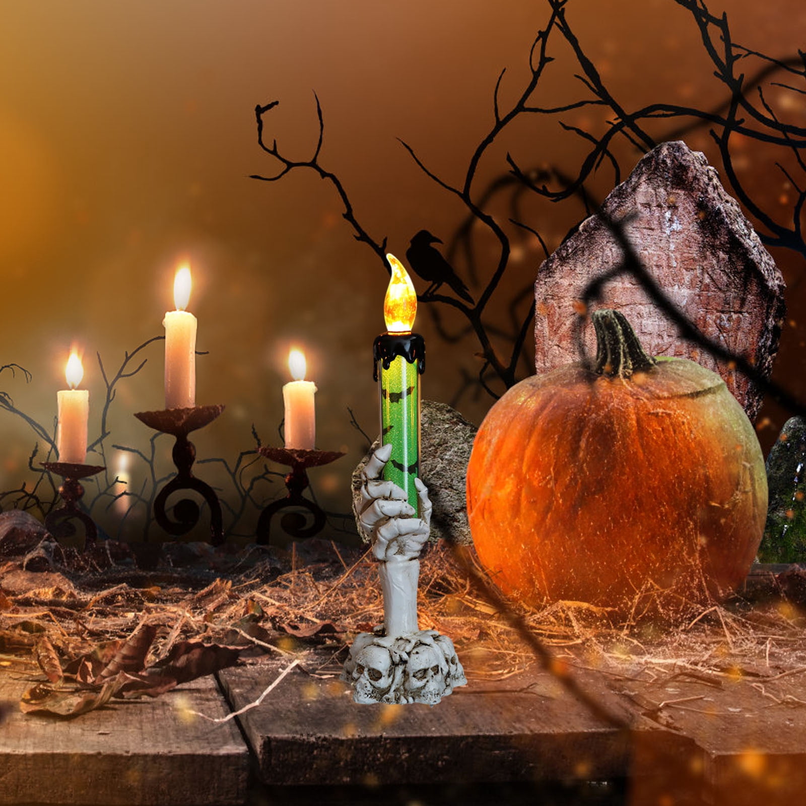 Twfbrm Halloween Candle Light, Halloween Decorations Flameless Taper Candle with Skeleton Hand Holder, Battery Operated LED Flickering Candles Dripping Wax Effect Pillar Candles for Party Wedding