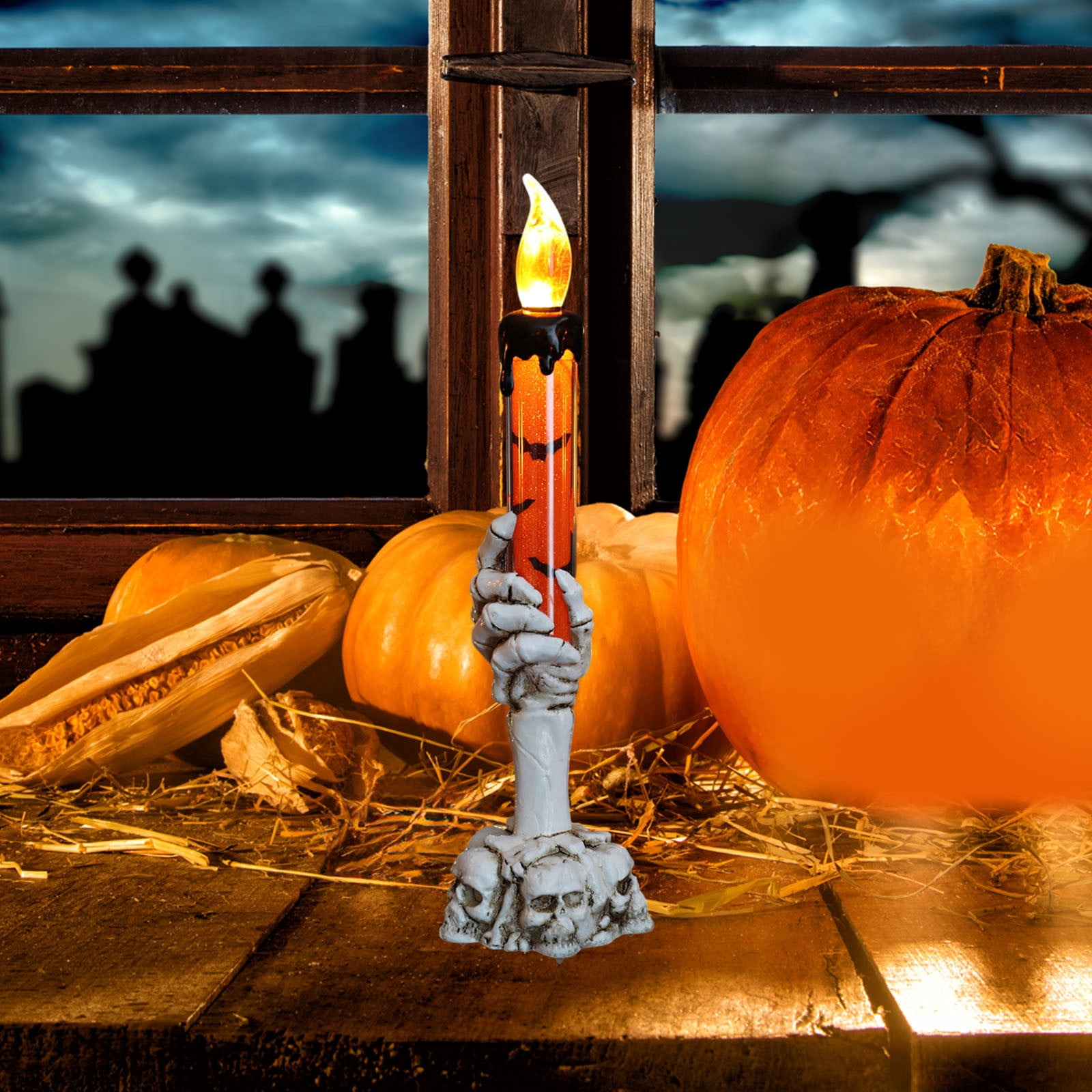 Twfbrm Halloween Candle Light, Halloween Decorations Flameless Taper Candle with Skeleton Hand Holder, Battery Operated LED Flickering Candles Dripping Wax Effect Pillar Candles for Party Wedding