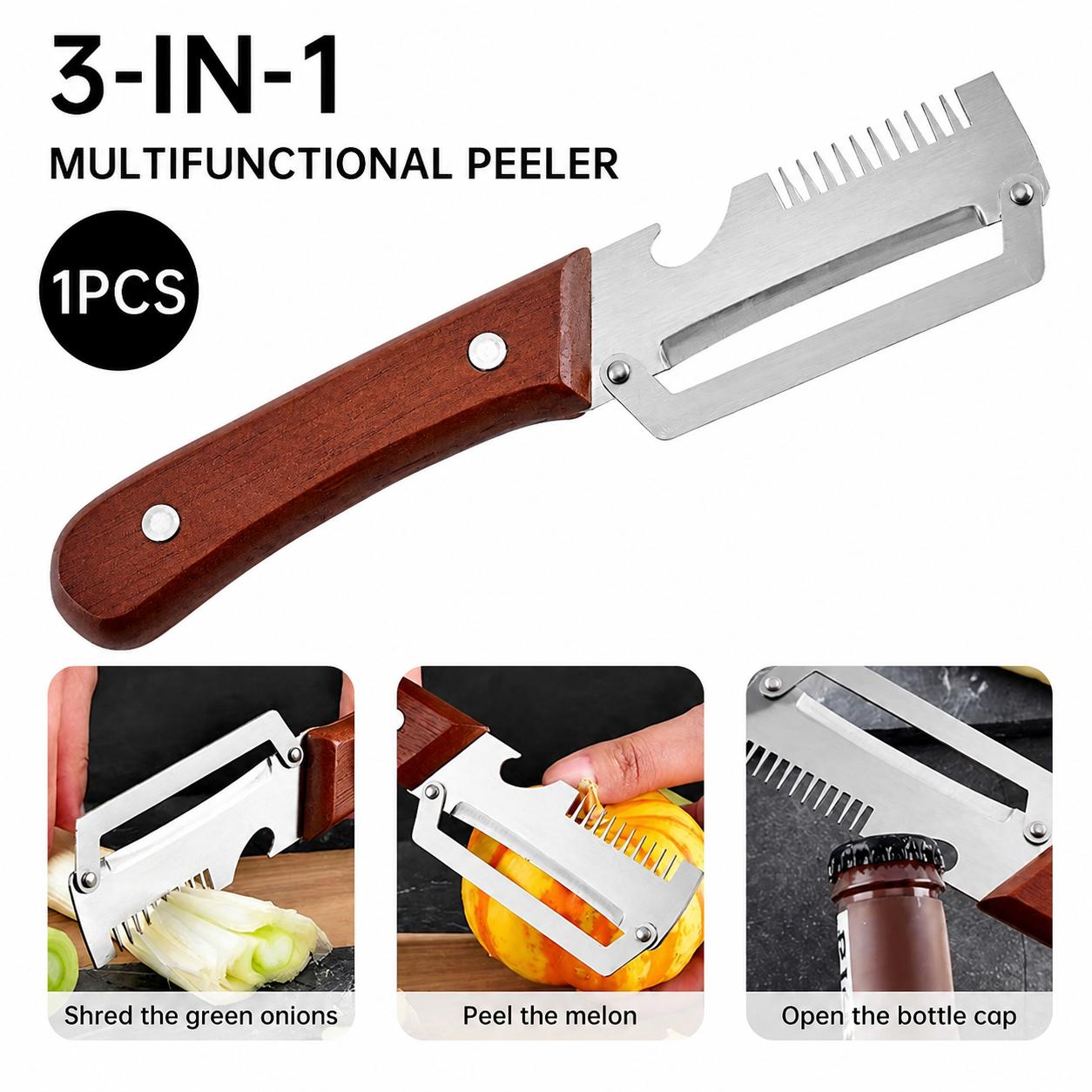 2 PCS Wood Handle Multifunction Kitchen Peeler – Peel, Slice, Scrape & Bottle Opener Tool