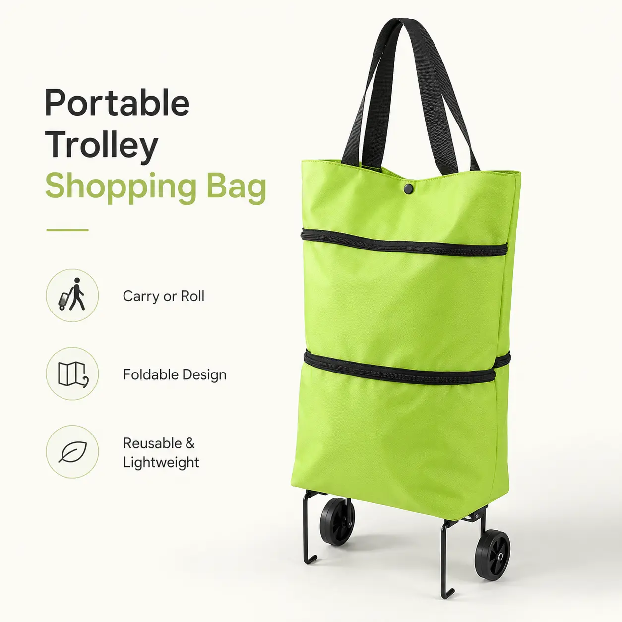 【10inch*18inch】Foldable Shopping Trolley Bag with Wheels, Portable Reusable Grocery Tote, Lightweight Rolling Shopping Cart Bag with Carry Handles for Supermarket, Travel, Laundry and Daily Use