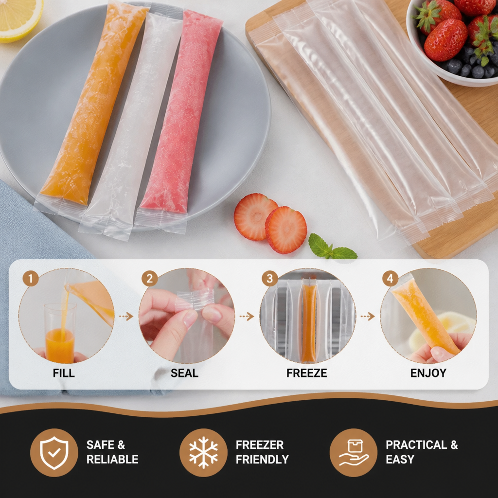 Practical DIY Ice Pop Bags (100 Pieces) – Self-Sealing Disposable Molds for Homemade Ice Sticks