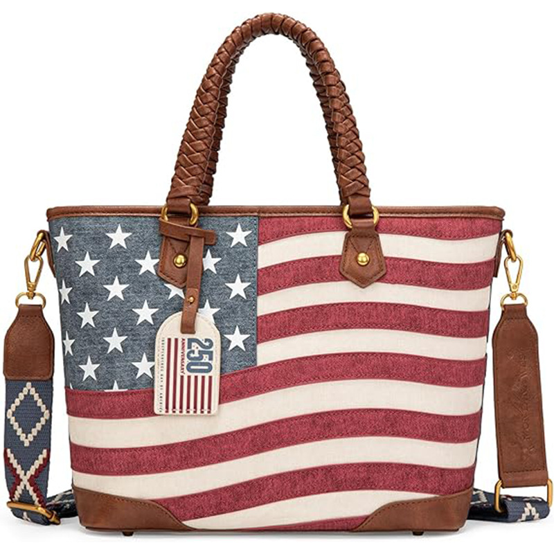 American Flag Tote Bag for Women Vintage Patriotic Western Shoulder Purse with Braided Top Handles