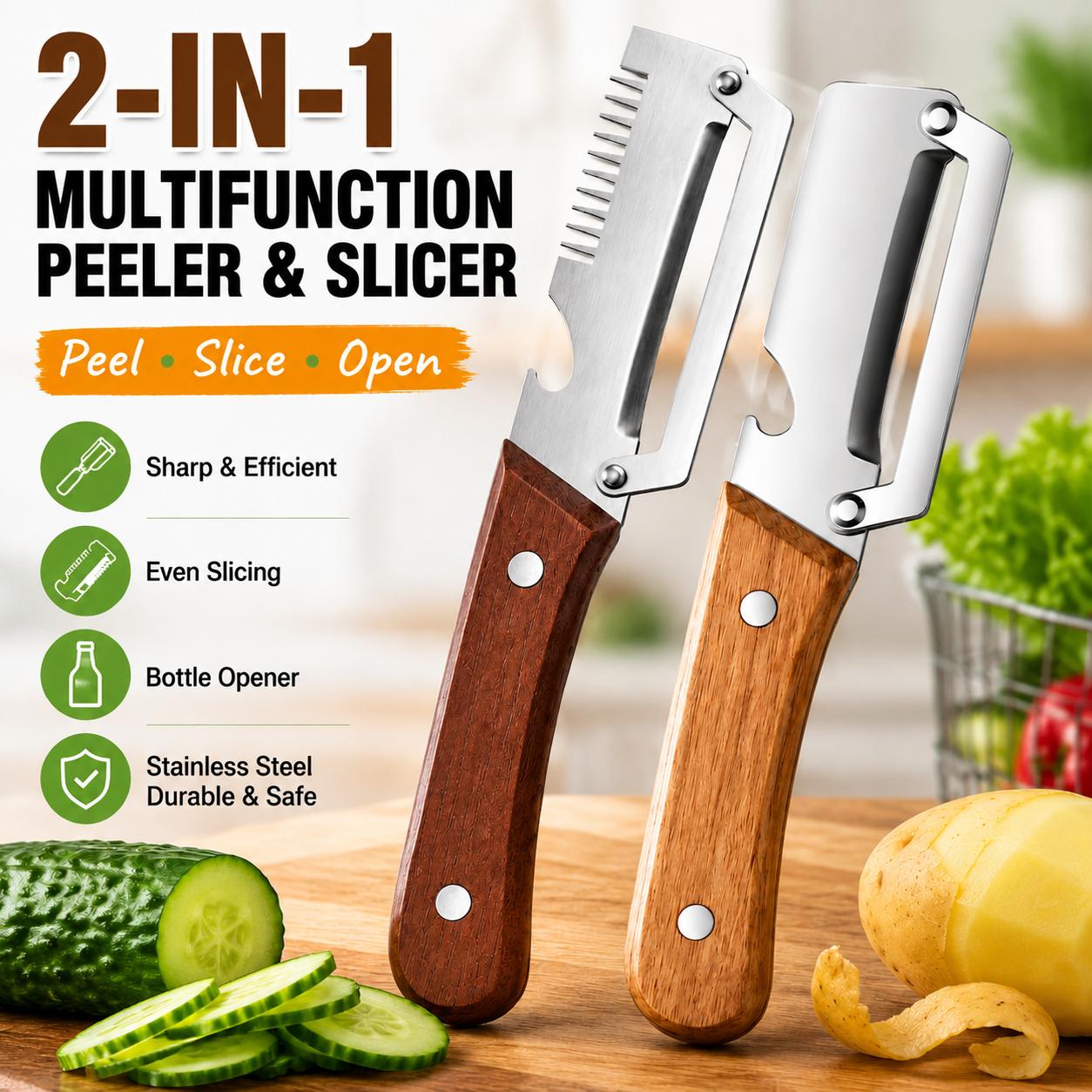 2 PCS Wood Handle Multifunction Kitchen Peeler – Peel, Slice, Scrape & Bottle Opener Tool