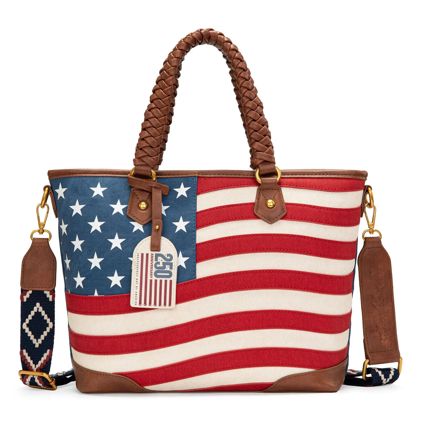 American Flag Tote Bag for Women Vintage Patriotic Western Shoulder Purse with Braided Top Handles