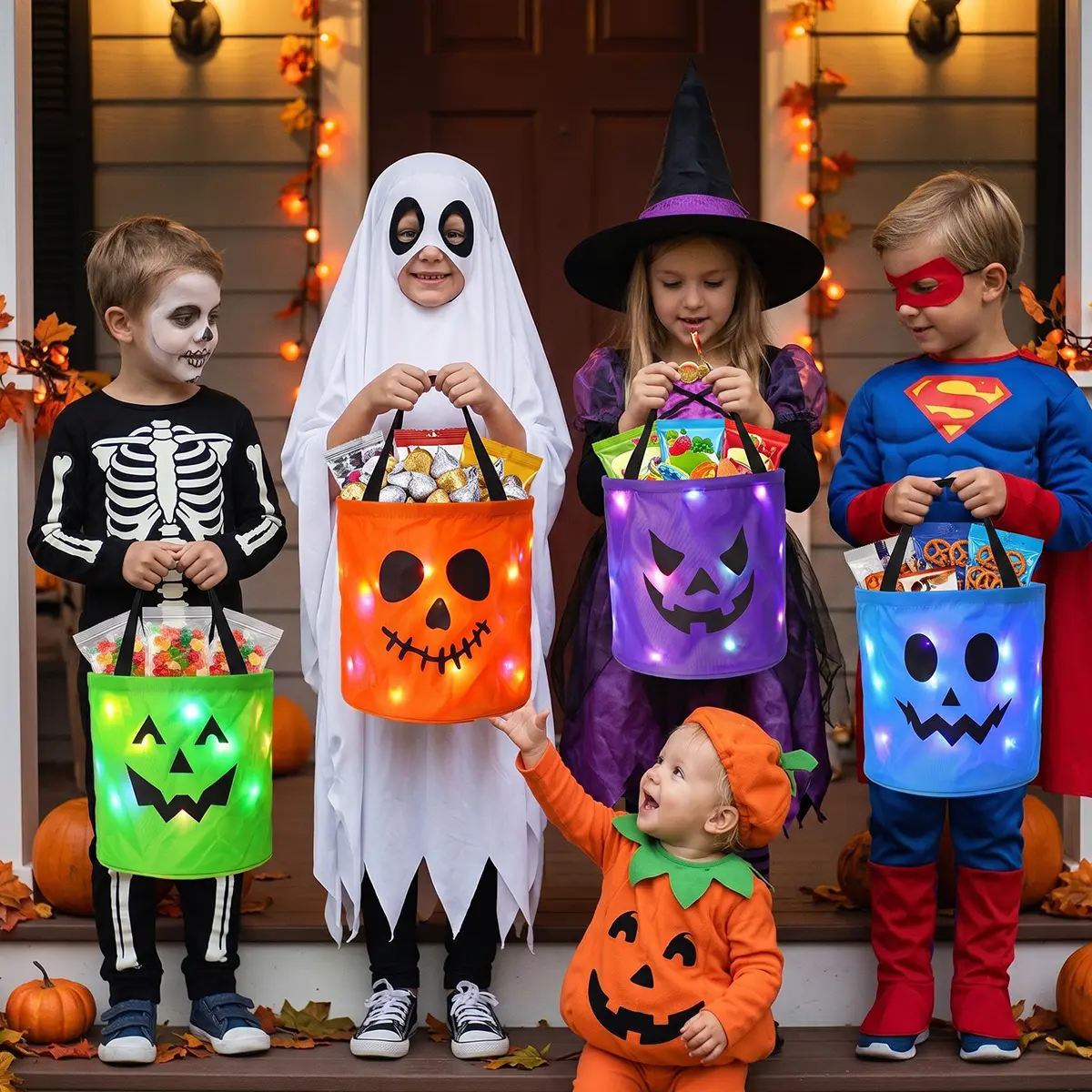 Halloween Candy Buckets with LED Lights - 3/4 Set for Trick or Treat