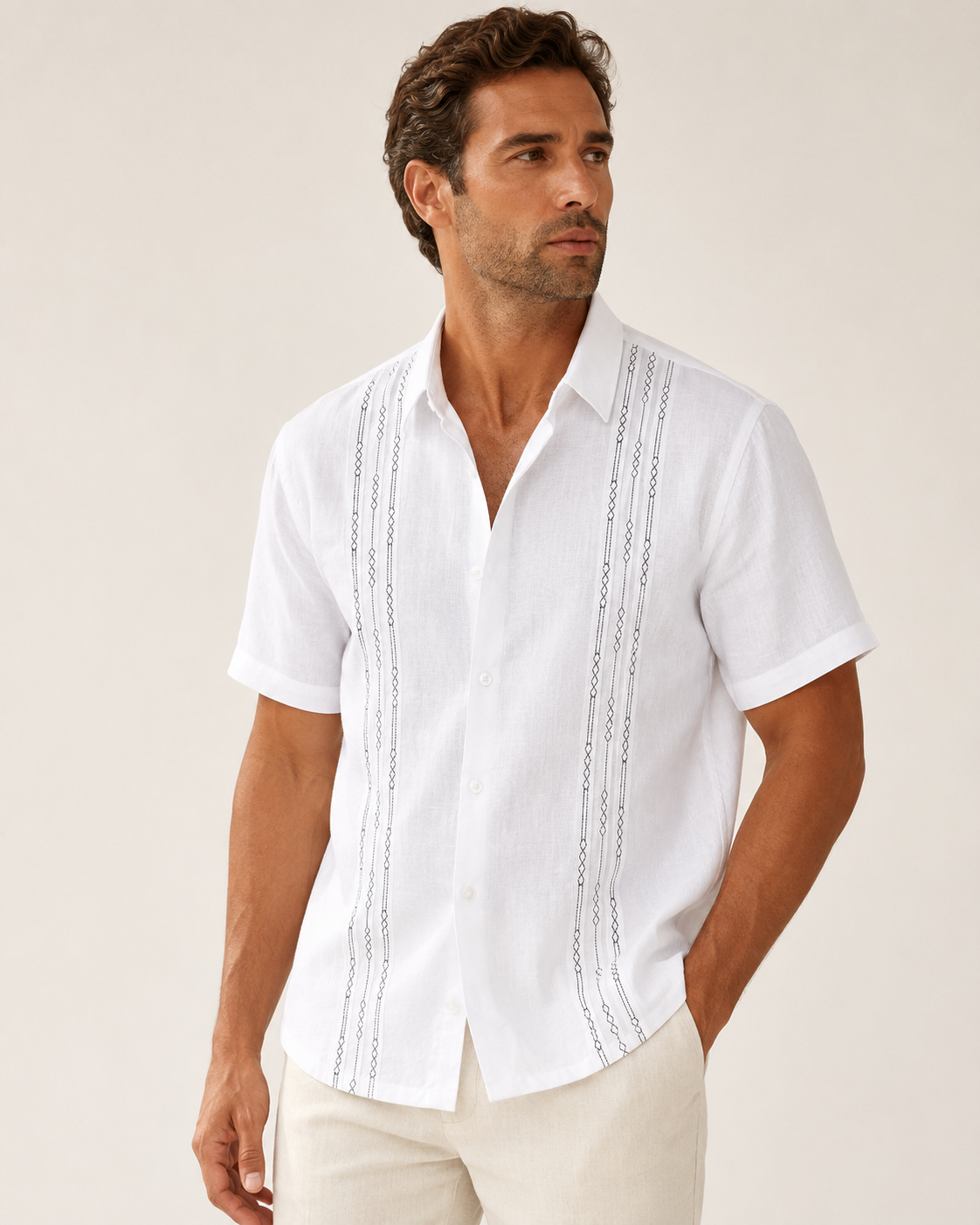 Mens Short Sleeve Guayabera Shirts Linen Cotton Button Down Mexican Embroidered Cuban Wedding Shirt Summer Beach Tops