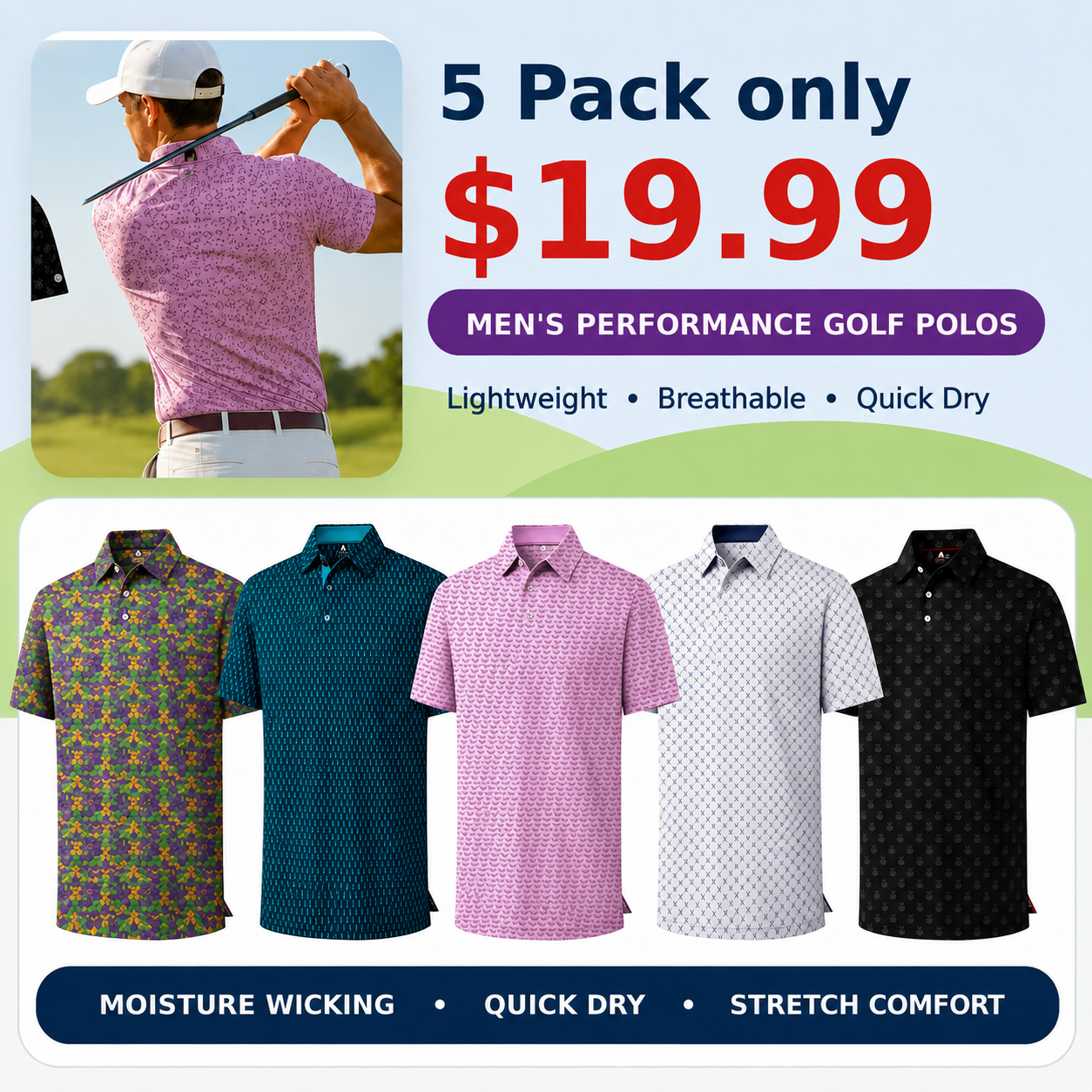 Men's Printed Moisture-Wicking Golf Polo Shirt
