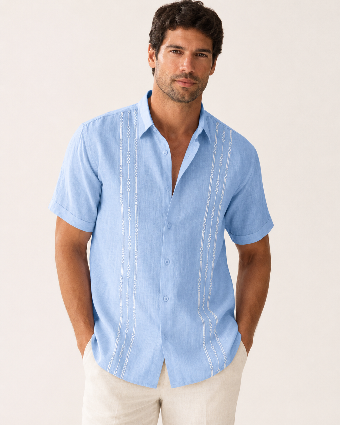 Mens Short Sleeve Guayabera Shirts Linen Cotton Button Down Mexican Embroidered Cuban Wedding Shirt Summer Beach Tops