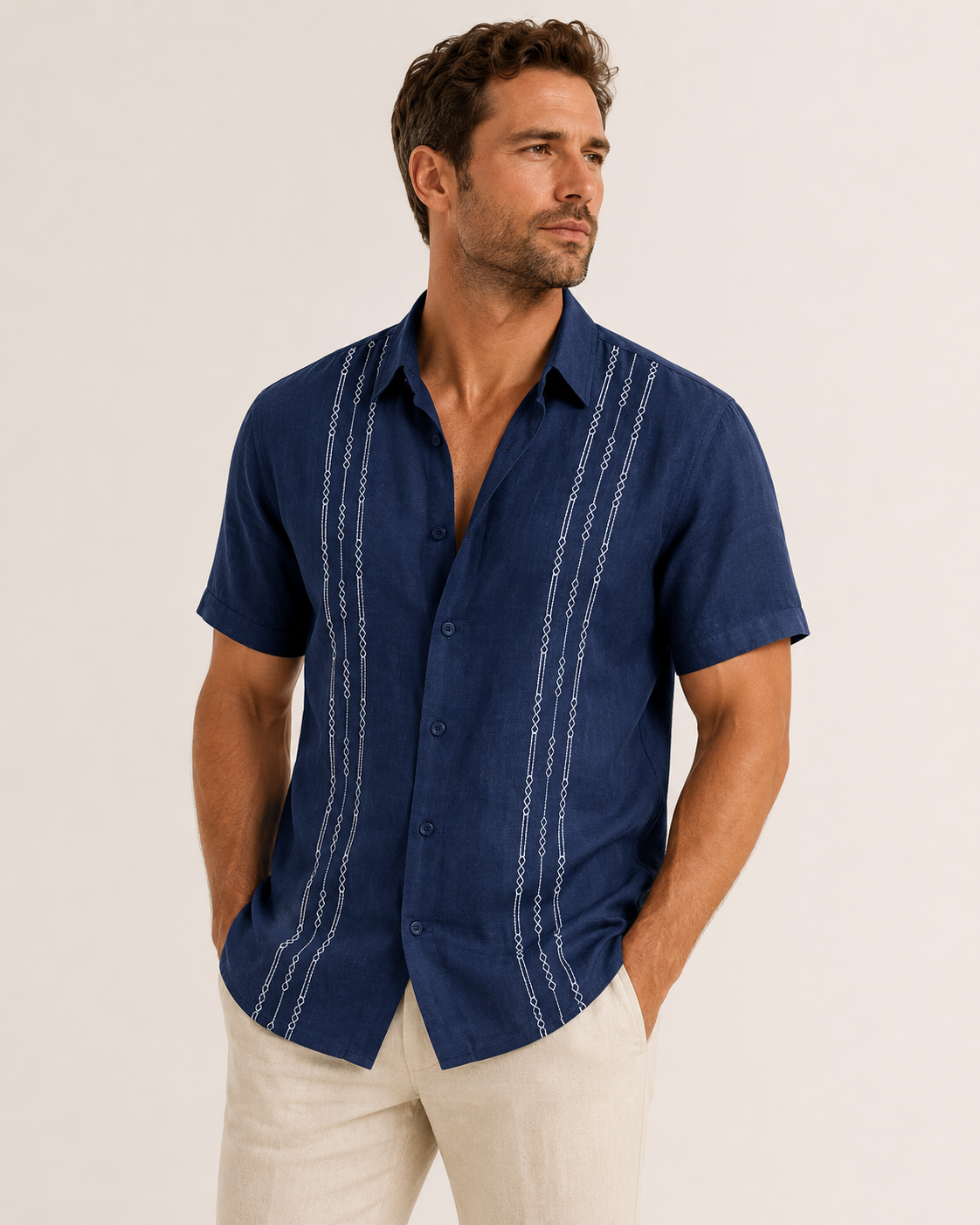 Mens Short Sleeve Guayabera Shirts Linen Cotton Button Down Mexican Embroidered Cuban Wedding Shirt Summer Beach Tops