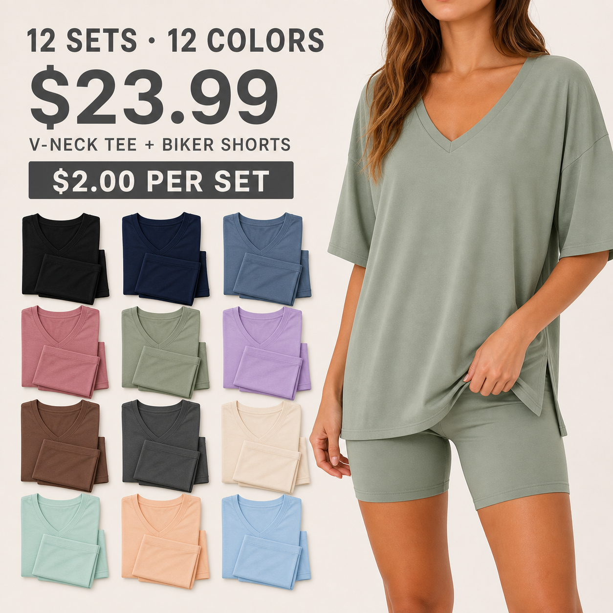 12 sets in 12 colors V-neck tee and biker shorts lounge set multipack