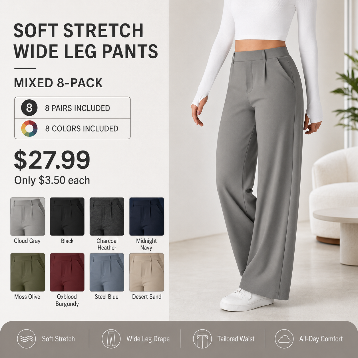 Mixed 8-Pack soft stretch wide leg pants bundle