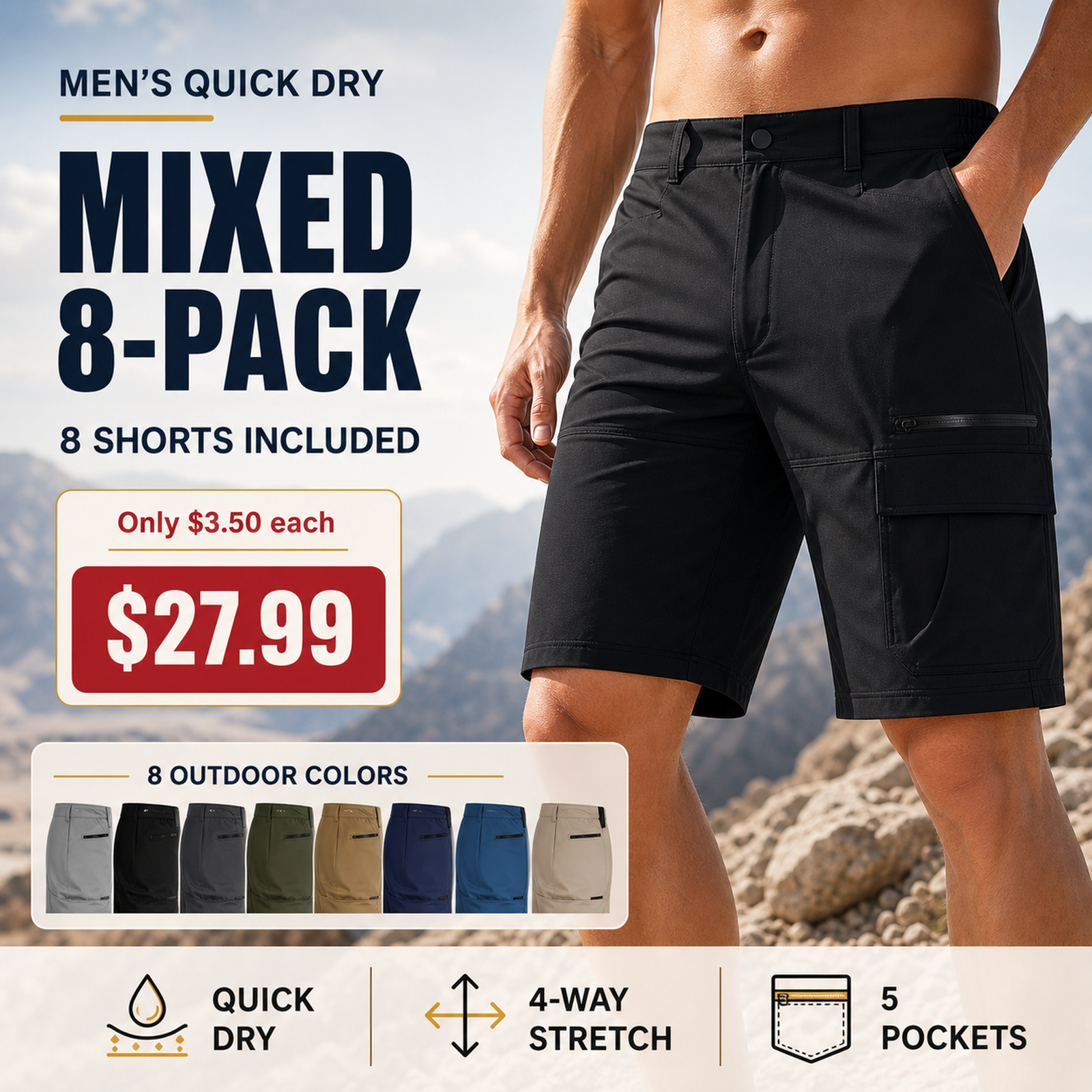 Mixed 8-Pack quick dry hiking cargo shorts bundle