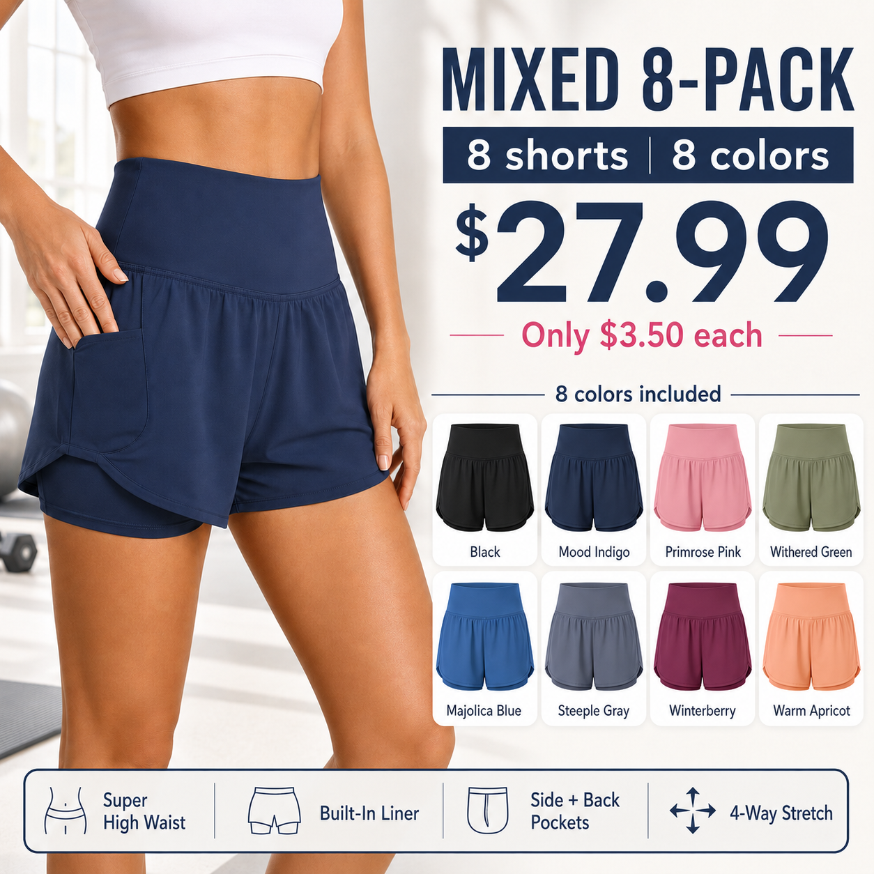 Mixed 8-Pack women 2-in-1 yoga shorts bundle