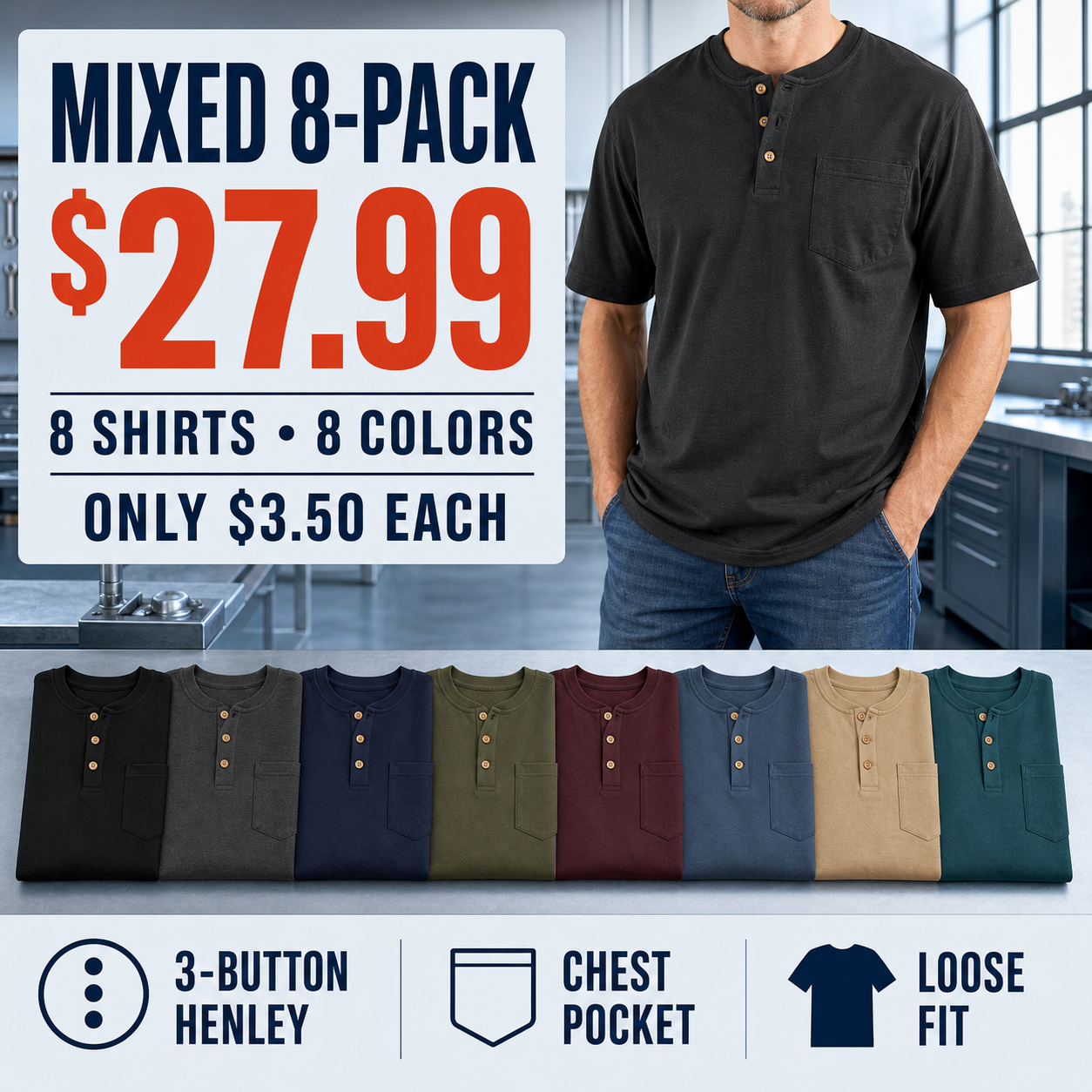 Mixed 8-Pack offer with eight pocket Henley shirts in eight colors