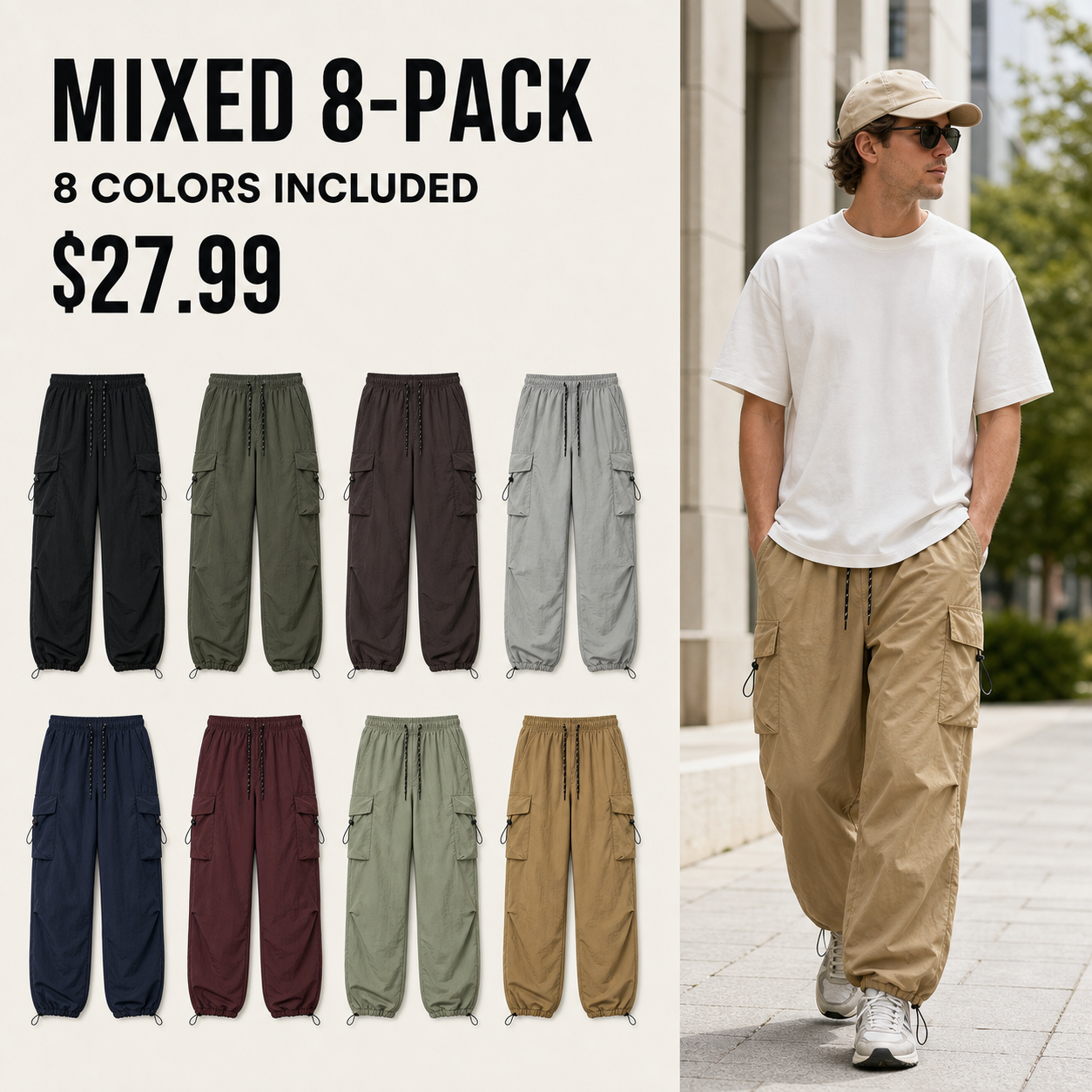 Men's Lightweight Water-Resistant Parachute Cargo Pants 8-Pack