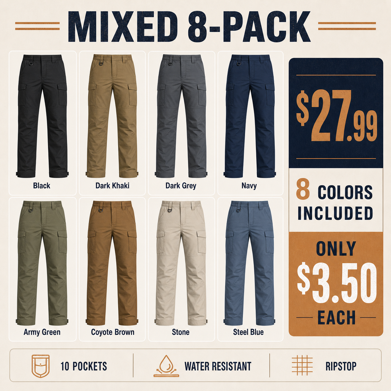 Mixed 8-Pack tactical work pants in eight colors