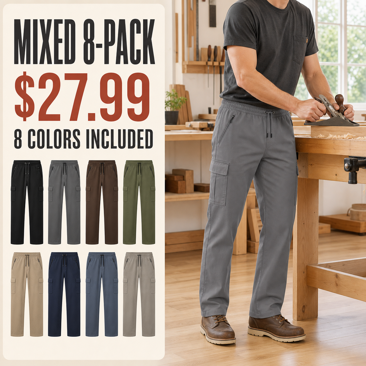 Mixed 8-Pack adjustable-waist cargo pants in the fixed eight-color assortment