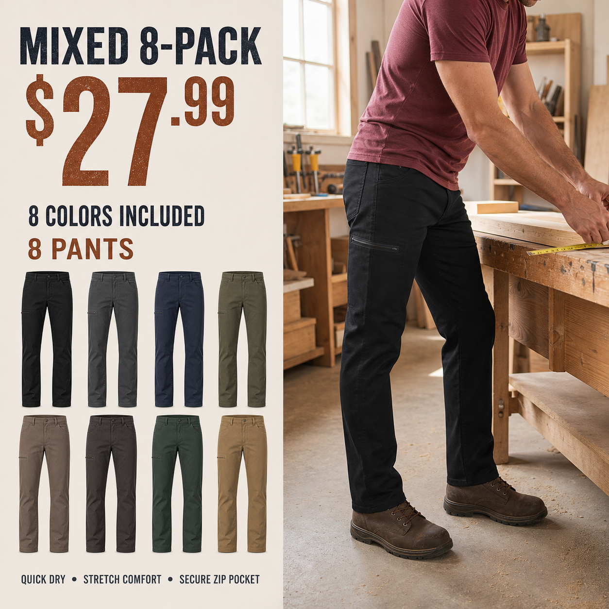 Mixed 8-Pack men's straight-leg utility pants in eight colors